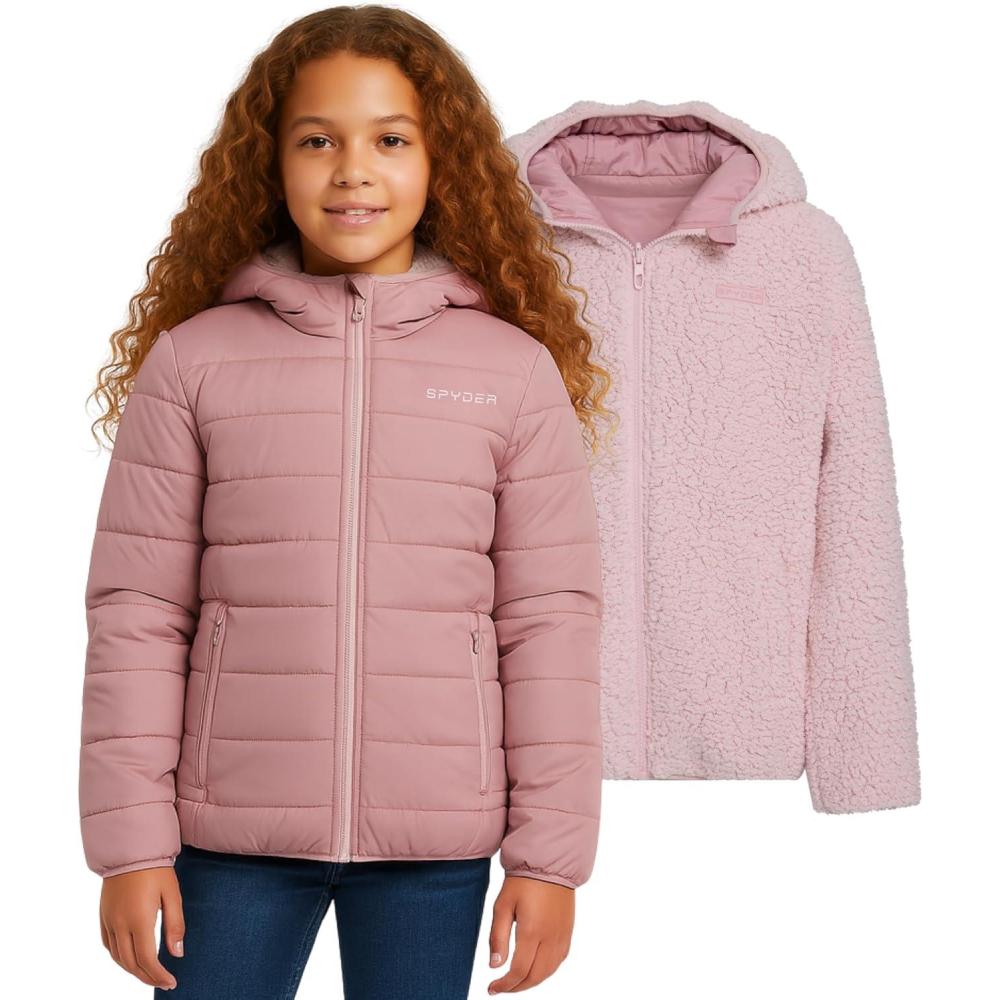 imageSpyder Reversible Girls Puffer Jacket Sherpa Lined Winter Coats for Girls Cute Warm Bubble Puffer for Snow Cold SkiRose