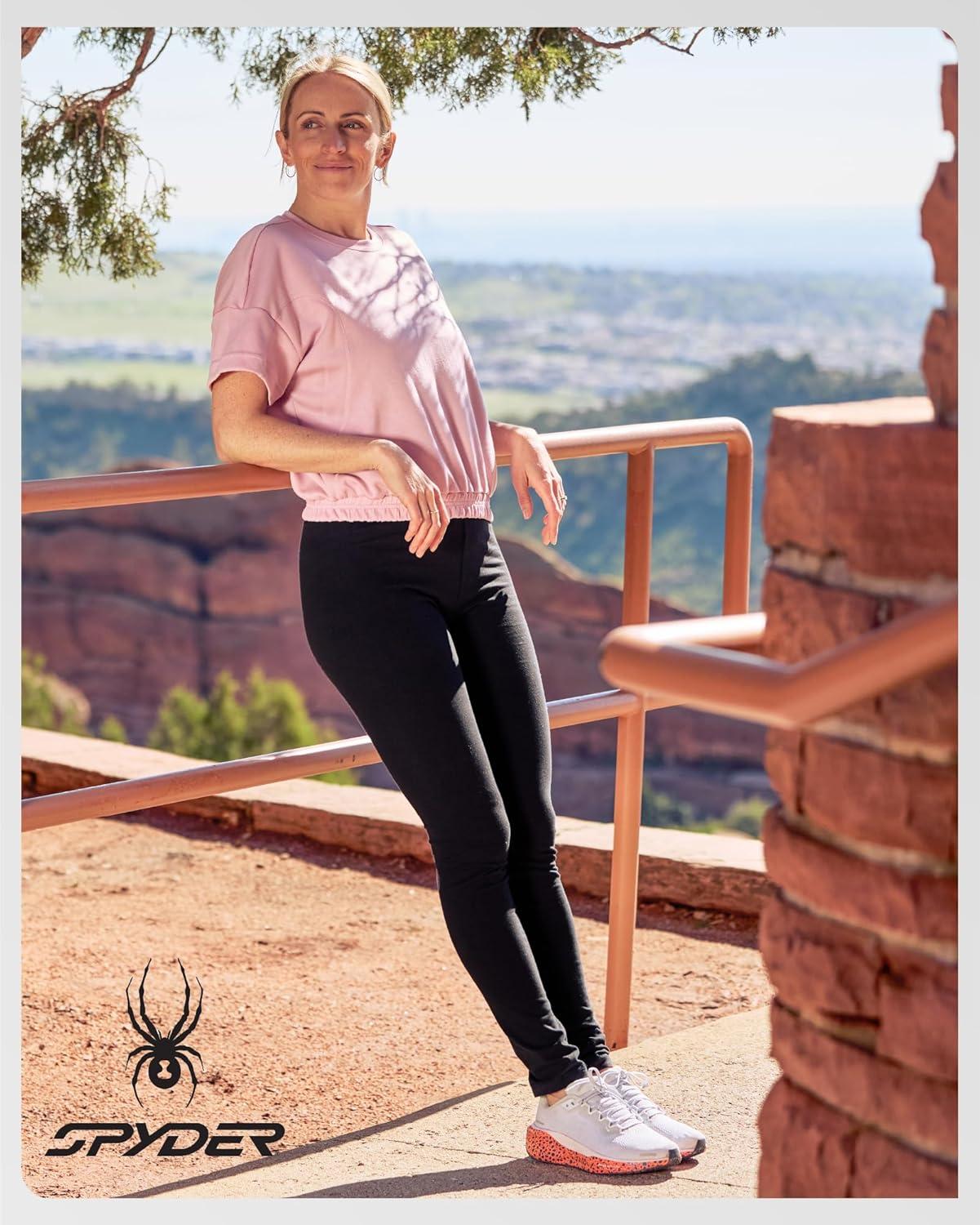 imageSpyder Womens Leggings Soft High Waisted Ankle Jersey Cotton Leggings for Women with 4Way Stretch Wide WaistbandBlack