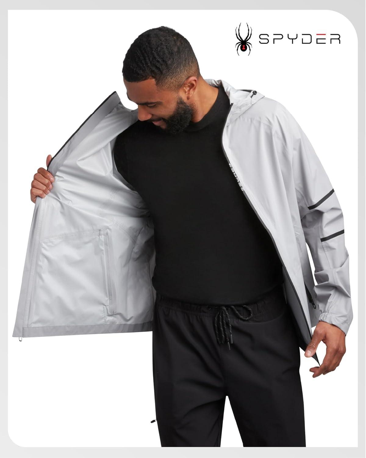 imageSpyder Mens Rain Jacket Waterproof Lightweight Hooded Windbreaker Outerwear Jacket for Golf Hiking and Outdoor SXLPewter Reflective Taping