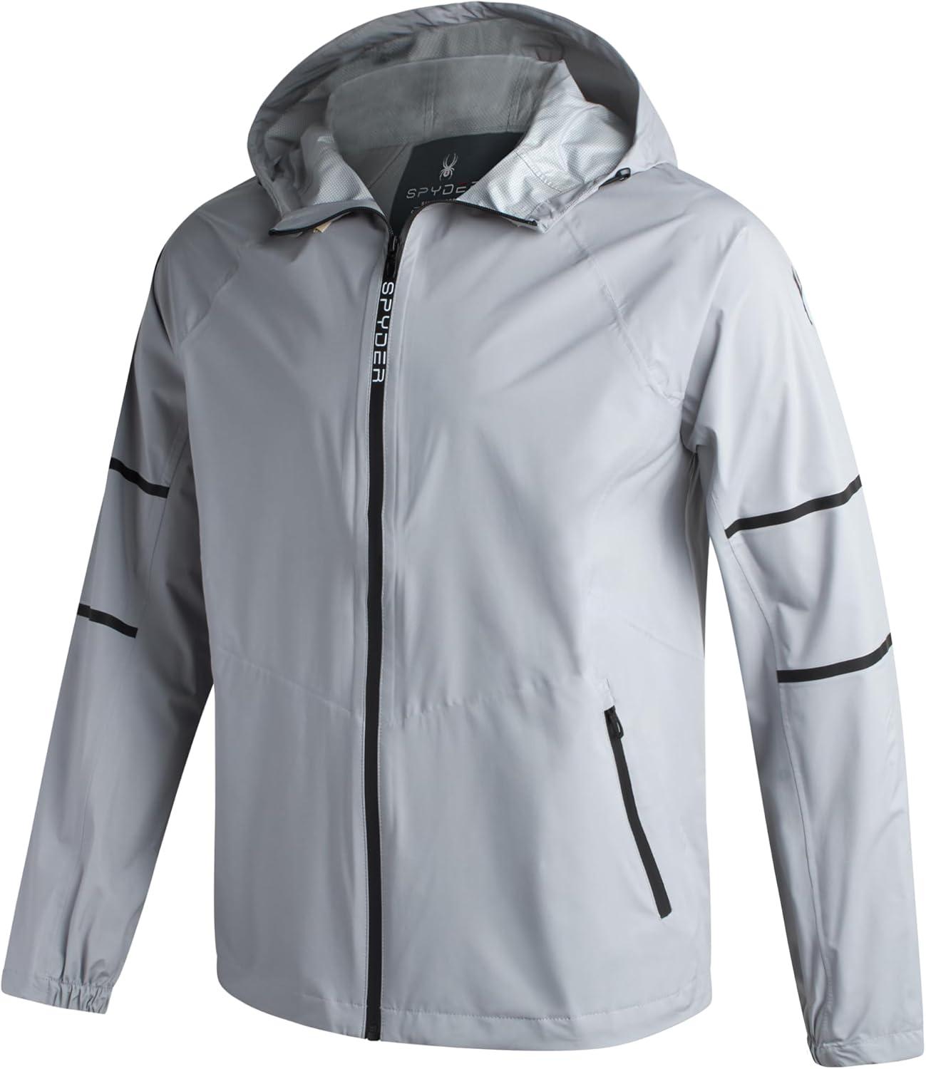 imageSpyder Mens Rain Jacket Waterproof Lightweight Hooded Windbreaker Outerwear Jacket for Golf Hiking and Outdoor SXLPewter Reflective Taping