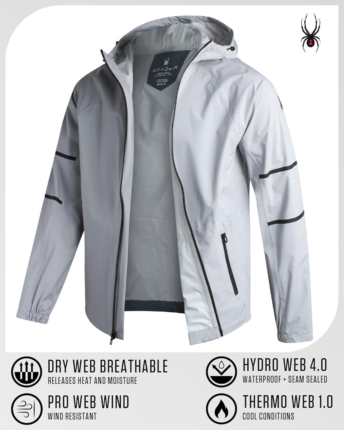 imageSpyder Mens Rain Jacket Waterproof Lightweight Hooded Windbreaker Outerwear Jacket for Golf Hiking and Outdoor SXLPewter Reflective Taping
