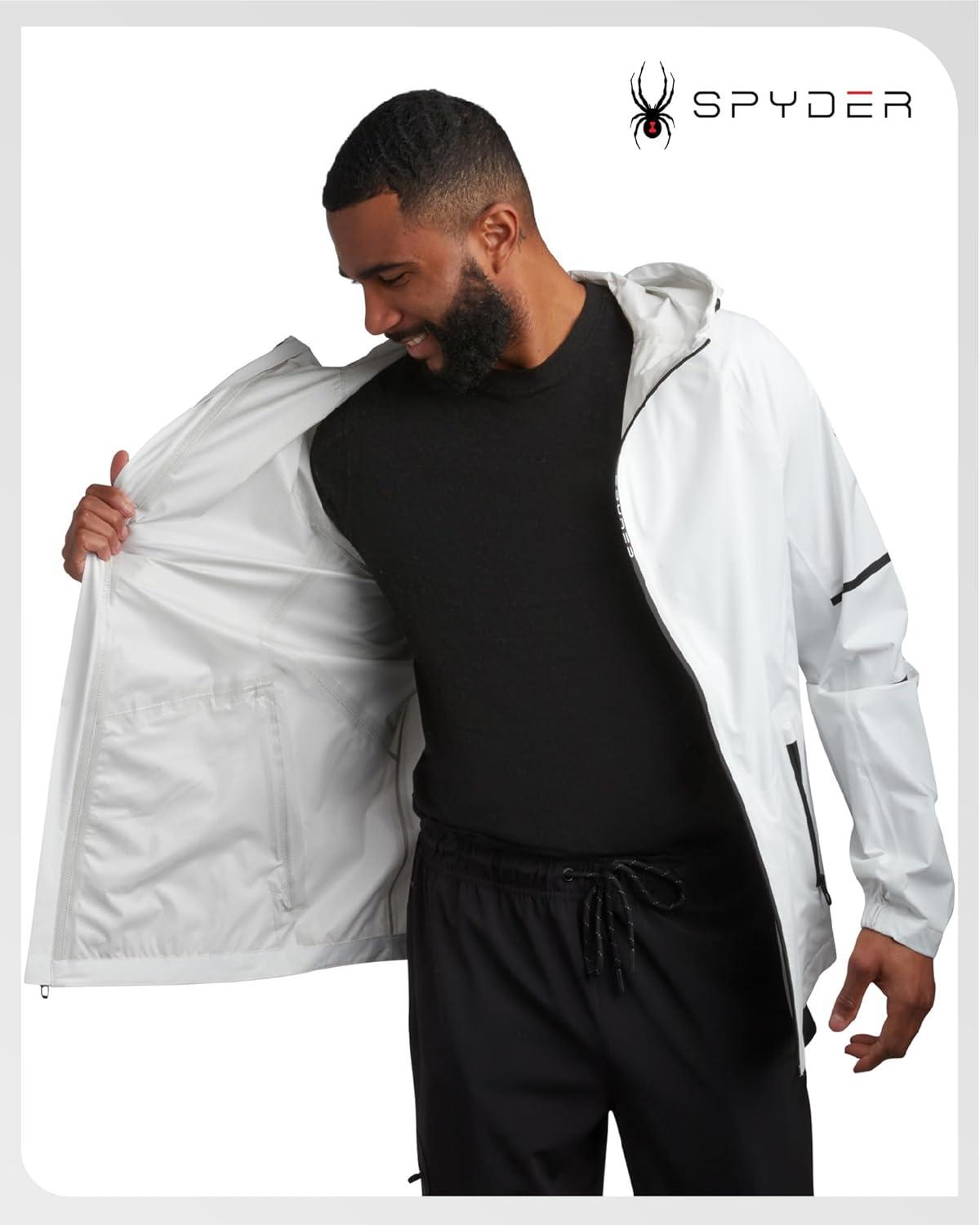 imageSpyder Mens Rain Jacket Waterproof Lightweight Hooded Windbreaker Outerwear Jacket for Golf Hiking and Outdoor SXLWhite Reflective Taping