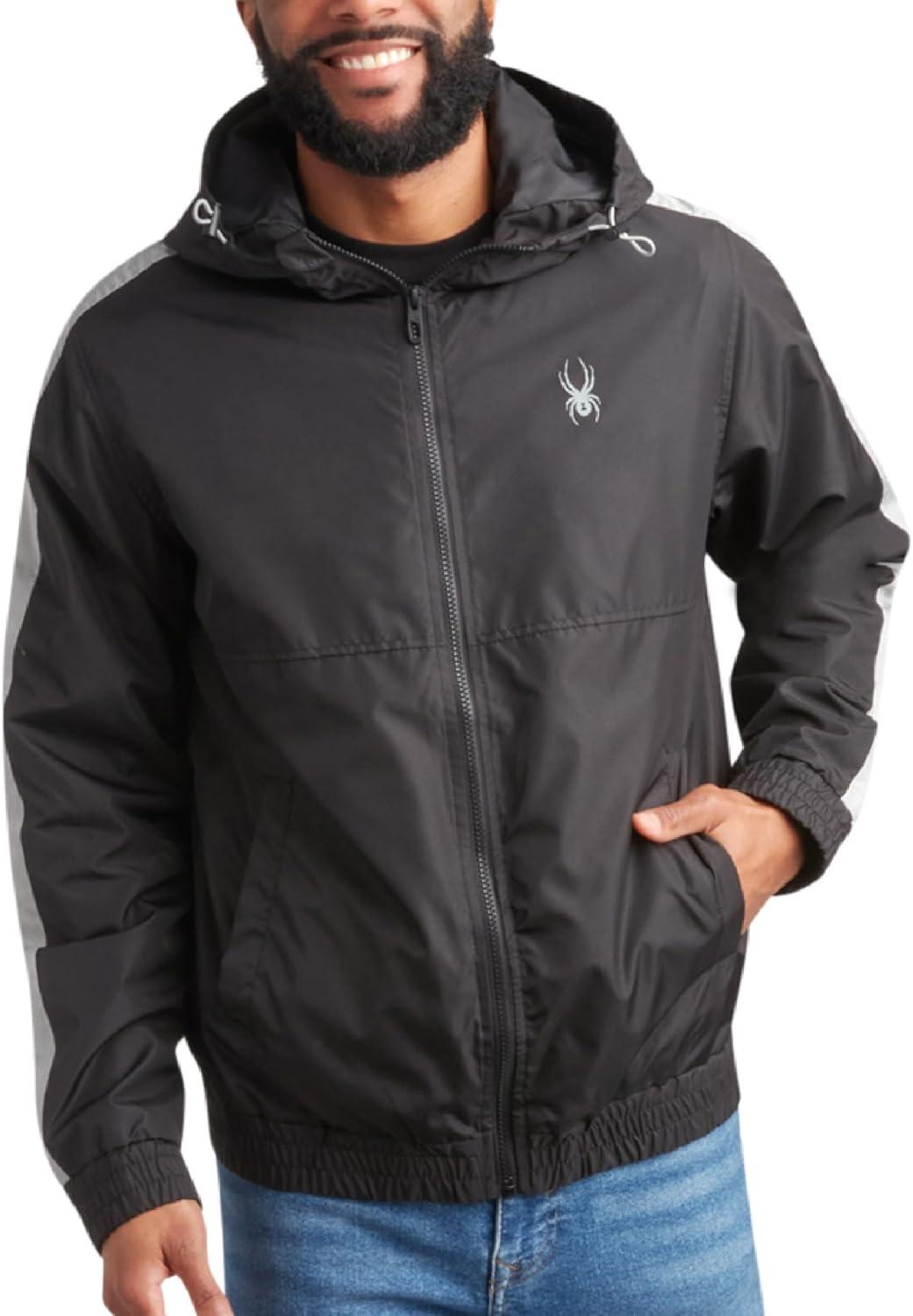 imageSpyder Mens Windbreaker Jacket Lightweight Breathable Wind Water Resistant Zip Up Jacket with Hood for Running Golf HikingBlack