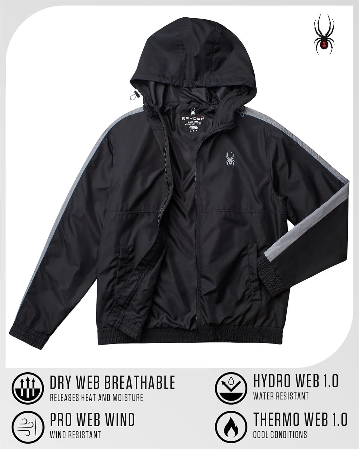 imageSpyder Mens Windbreaker Jacket Lightweight Breathable Wind Water Resistant Zip Up Jacket with Hood for Running Golf HikingBlack