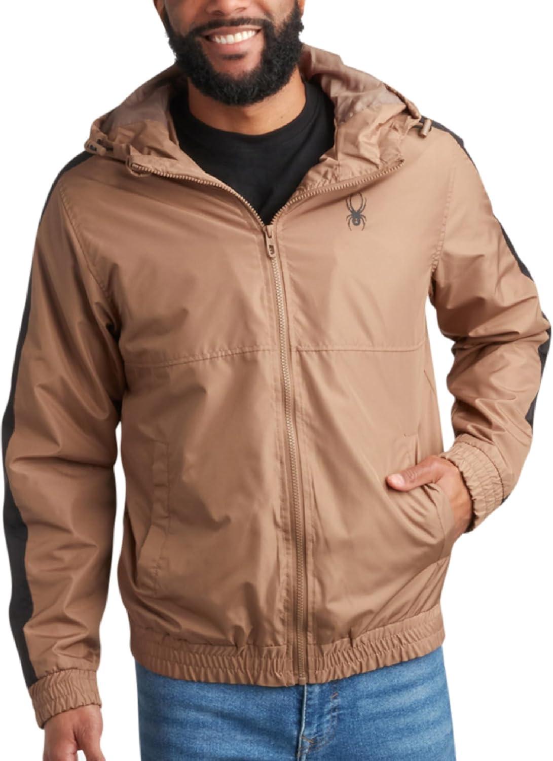 imageSpyder Mens Windbreaker Jacket Lightweight Breathable Wind Water Resistant Zip Up Jacket with Hood for Running Golf HikingTaupe