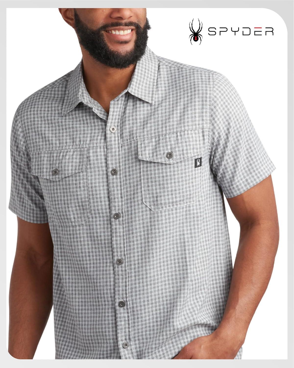 imageSpyder Mens Button Down Shirt Lightweight Plaid Casual Collared Shirt Wrinkle Free Short Sleeve Shirts for MenGrey