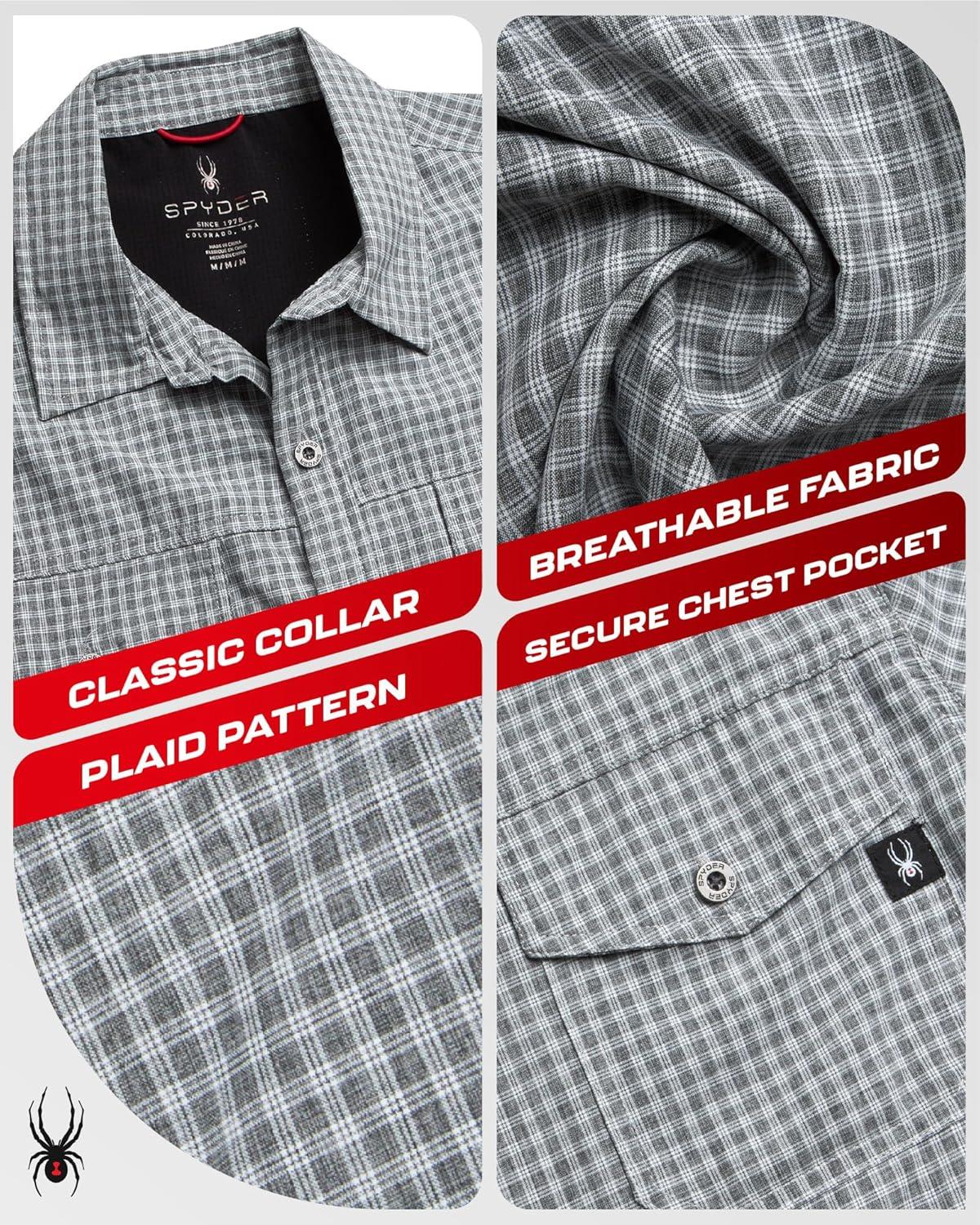 imageSpyder Mens Button Down Shirt Lightweight Plaid Casual Collared Shirt Wrinkle Free Short Sleeve Shirts for MenGrey
