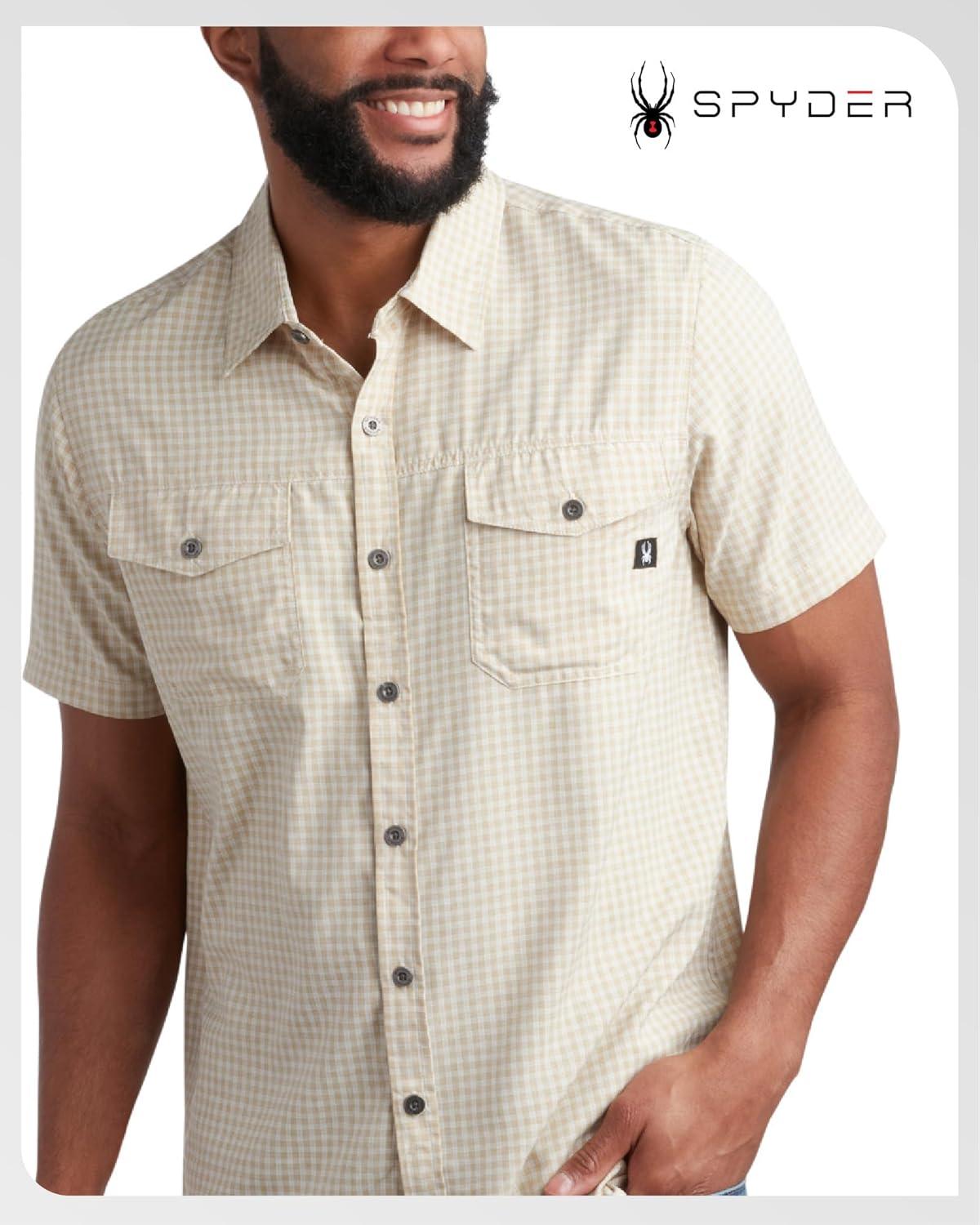 imageSpyder Mens Button Down Shirt Lightweight Plaid Casual Collared Shirt Wrinkle Free Short Sleeve Shirts for MenKhaki