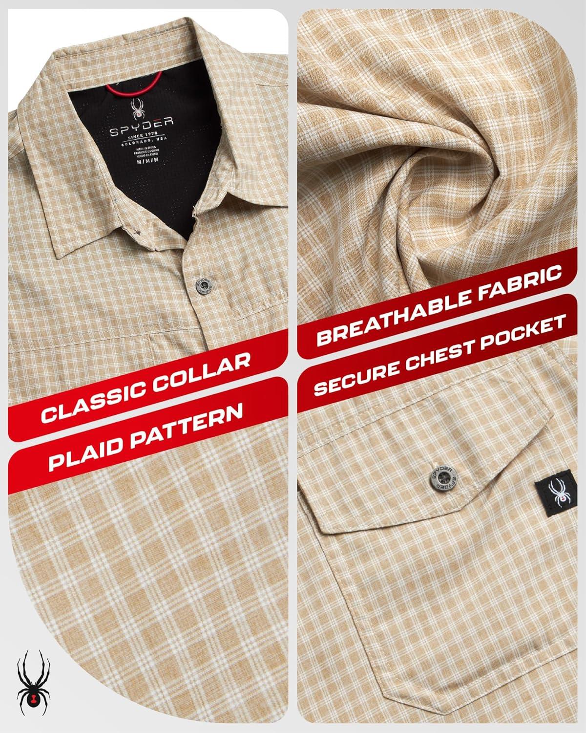 imageSpyder Mens Button Down Shirt Lightweight Plaid Casual Collared Shirt Wrinkle Free Short Sleeve Shirts for MenKhaki