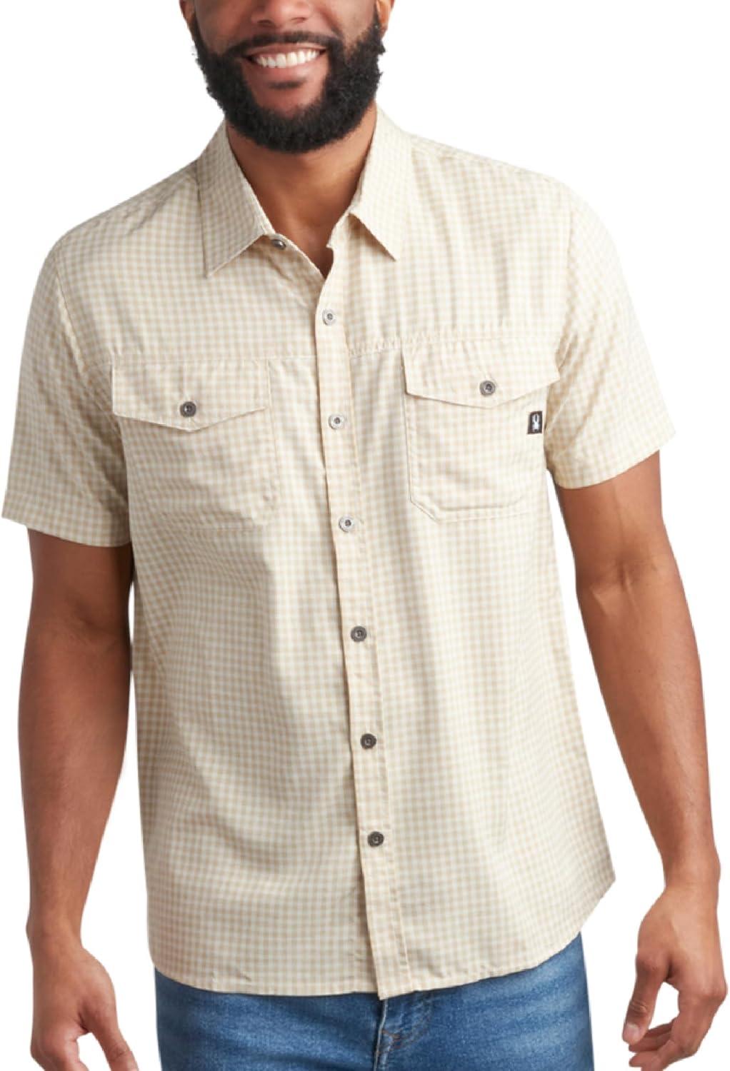 imageSpyder Mens Button Down Shirt Lightweight Plaid Casual Collared Shirt Wrinkle Free Short Sleeve Shirts for MenKhaki
