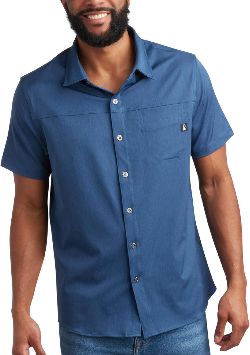 imageSpyder Mens Short Sleeve Button Down Shirts Lightweight Stretch Casual Collared Dress Shirts for Men Travel Office WorkwearBlue