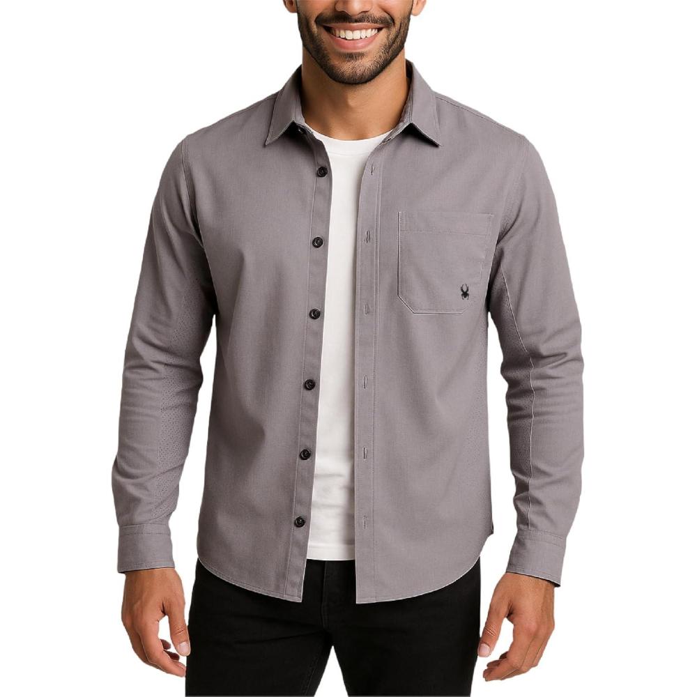 imageSpyder Mens Button Down Shirt Jacket Performance Long Sleeve Shirt Jacket for Men Casual Collared Mens Button Up ShirtsPewter