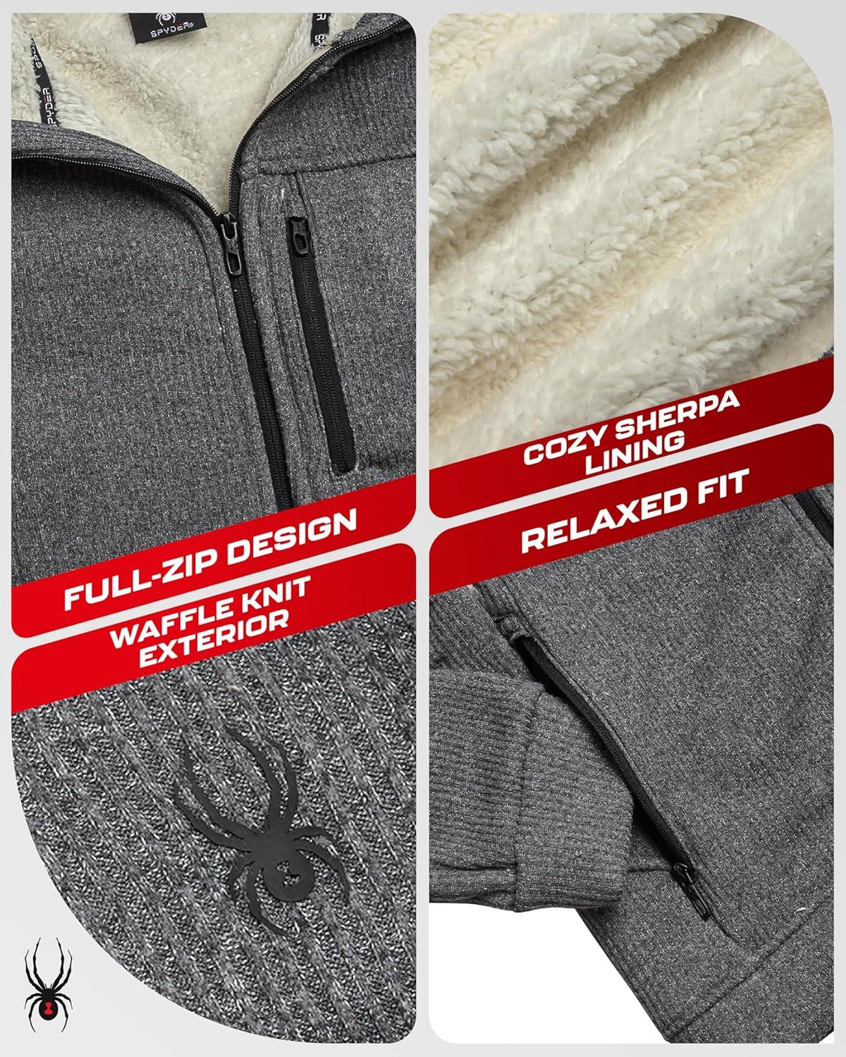imageSpyder Mens Sherpa Fur Hoodie Soft Stretch Waffle Knit Full Zip Up Hoodie Sweatshirt for Men with Cozy Sherpa Fleece LiningBlack Ink