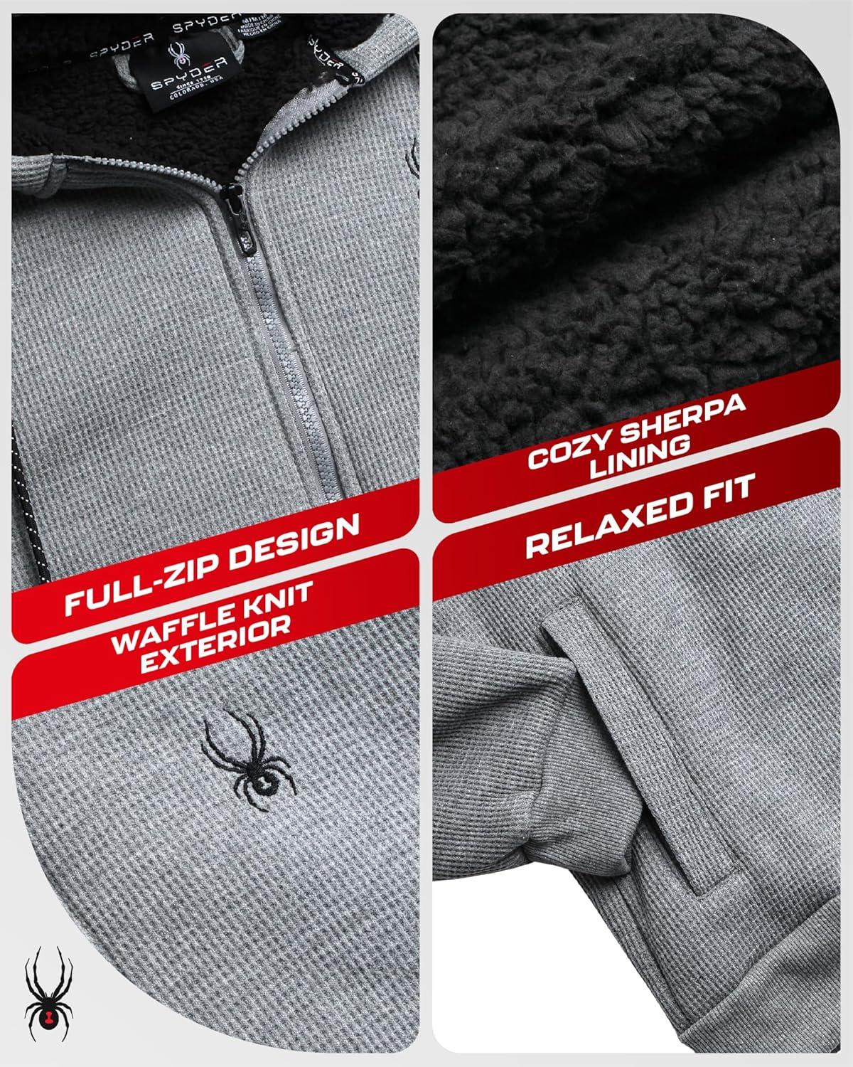 imageSpyder Mens Sherpa Fur Hoodie Soft Stretch Waffle Knit Full Zip Up Hoodie Sweatshirt for Men with Cozy Sherpa Fleece LiningGrey Heather