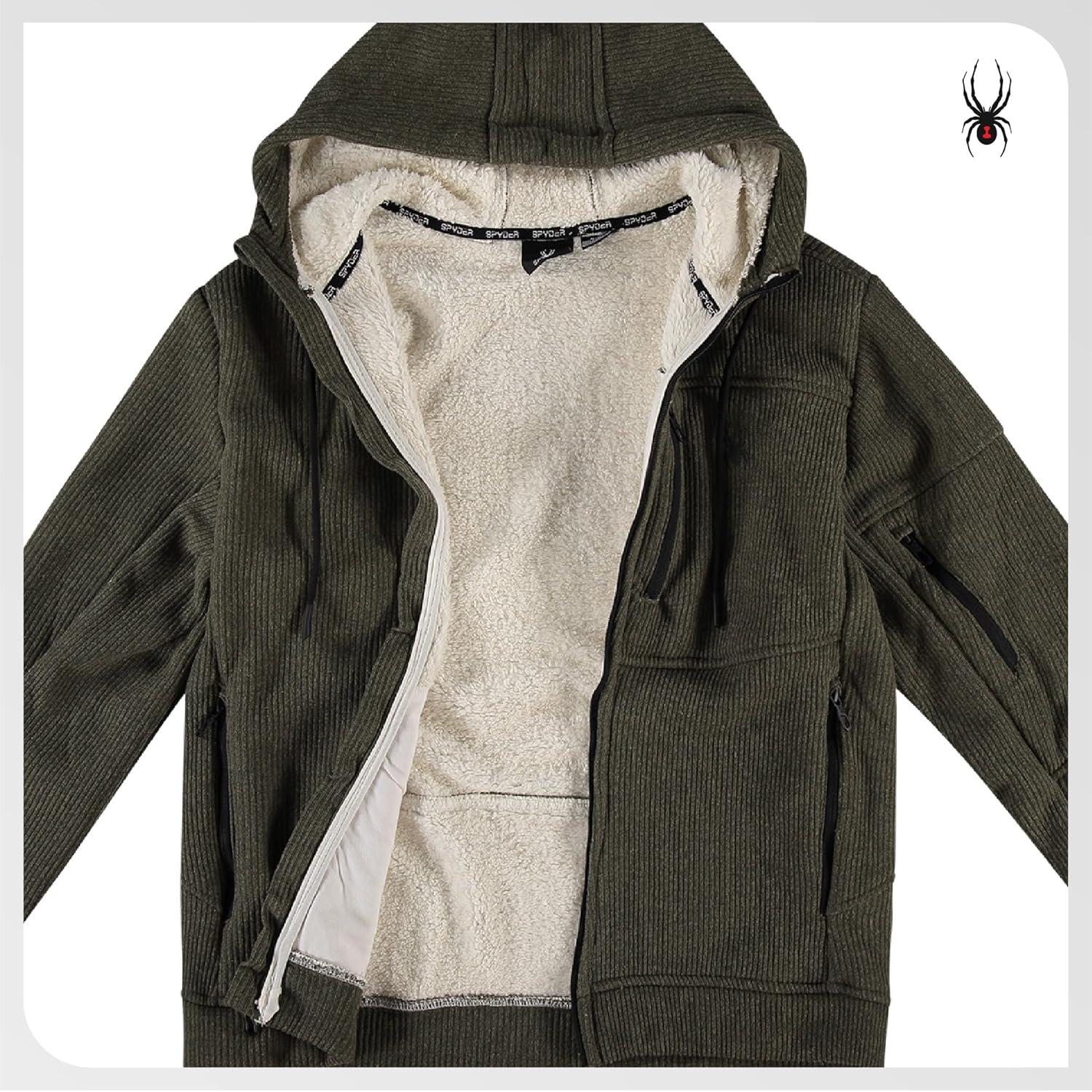 imageSpyder Mens Sherpa Fur Hoodie Soft Stretch Waffle Knit Full Zip Up Hoodie Sweatshirt for Men with Cozy Sherpa Fleece LiningOlive Moss