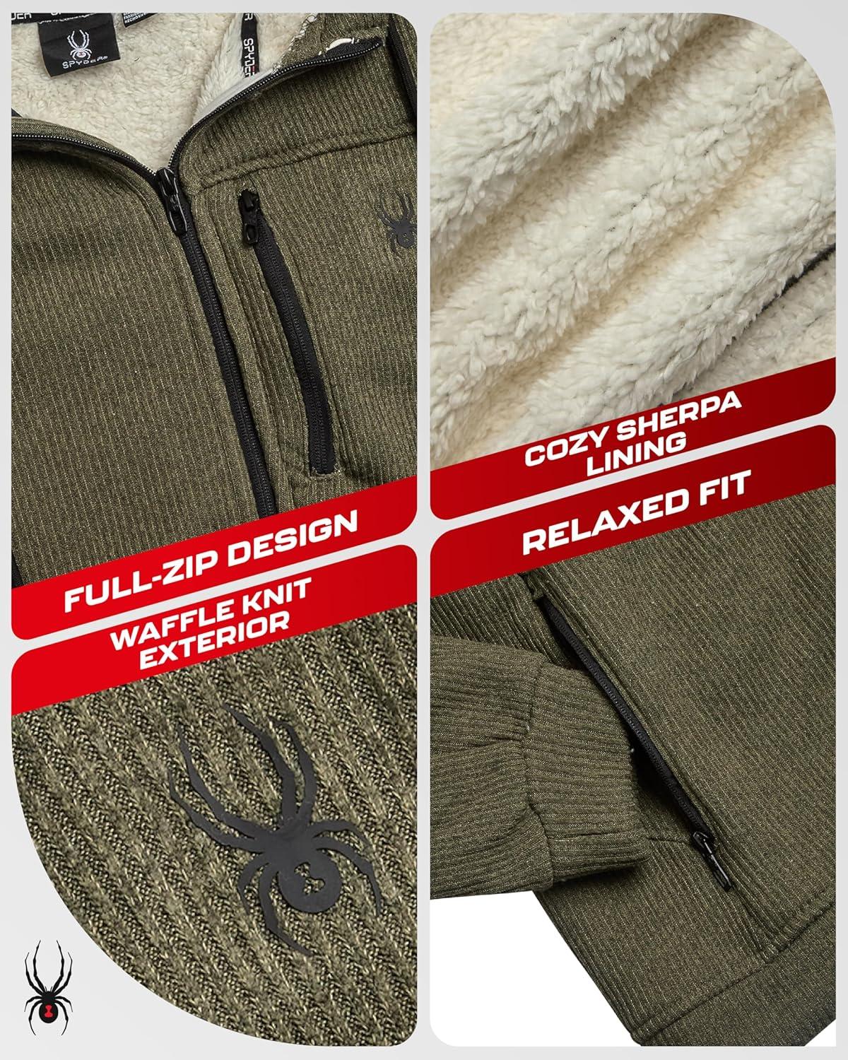 imageSpyder Mens Sherpa Fur Hoodie Soft Stretch Waffle Knit Full Zip Up Hoodie Sweatshirt for Men with Cozy Sherpa Fleece LiningOlive Moss