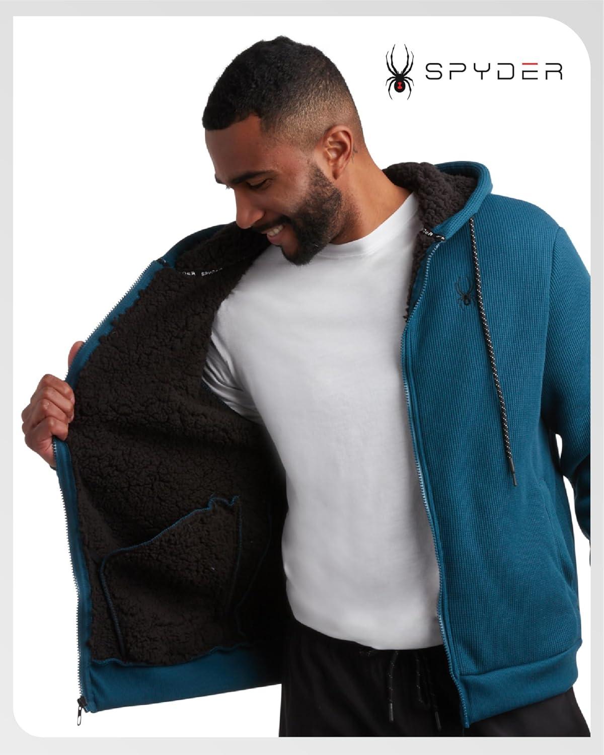 imageSpyder Mens Sherpa Fur Hoodie Soft Stretch Waffle Knit Full Zip Up Hoodie Sweatshirt for Men with Cozy Sherpa Fleece LiningPetrol Blue