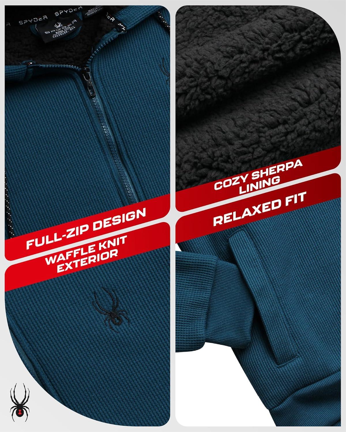 imageSpyder Mens Sherpa Fur Hoodie Soft Stretch Waffle Knit Full Zip Up Hoodie Sweatshirt for Men with Cozy Sherpa Fleece LiningPetrol Blue