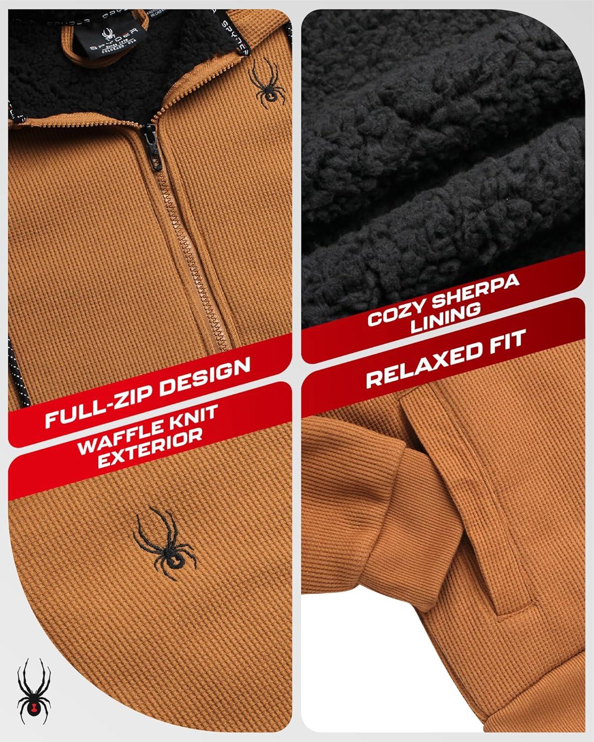 imageSpyder Mens Sherpa Fur Hoodie Soft Stretch Waffle Knit Full Zip Up Hoodie Sweatshirt for Men with Cozy Sherpa Fleece LiningSaddle