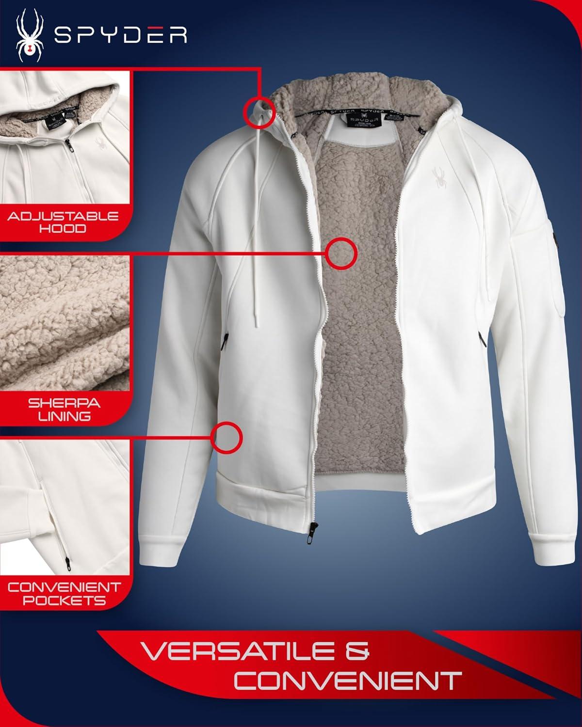 imageSpyder Mens Sherpa Fur Hoodie Soft Stretch Waffle Knit Full Zip Up Hoodie Sweatshirt for Men with Cozy Sherpa Fleece LiningWhite