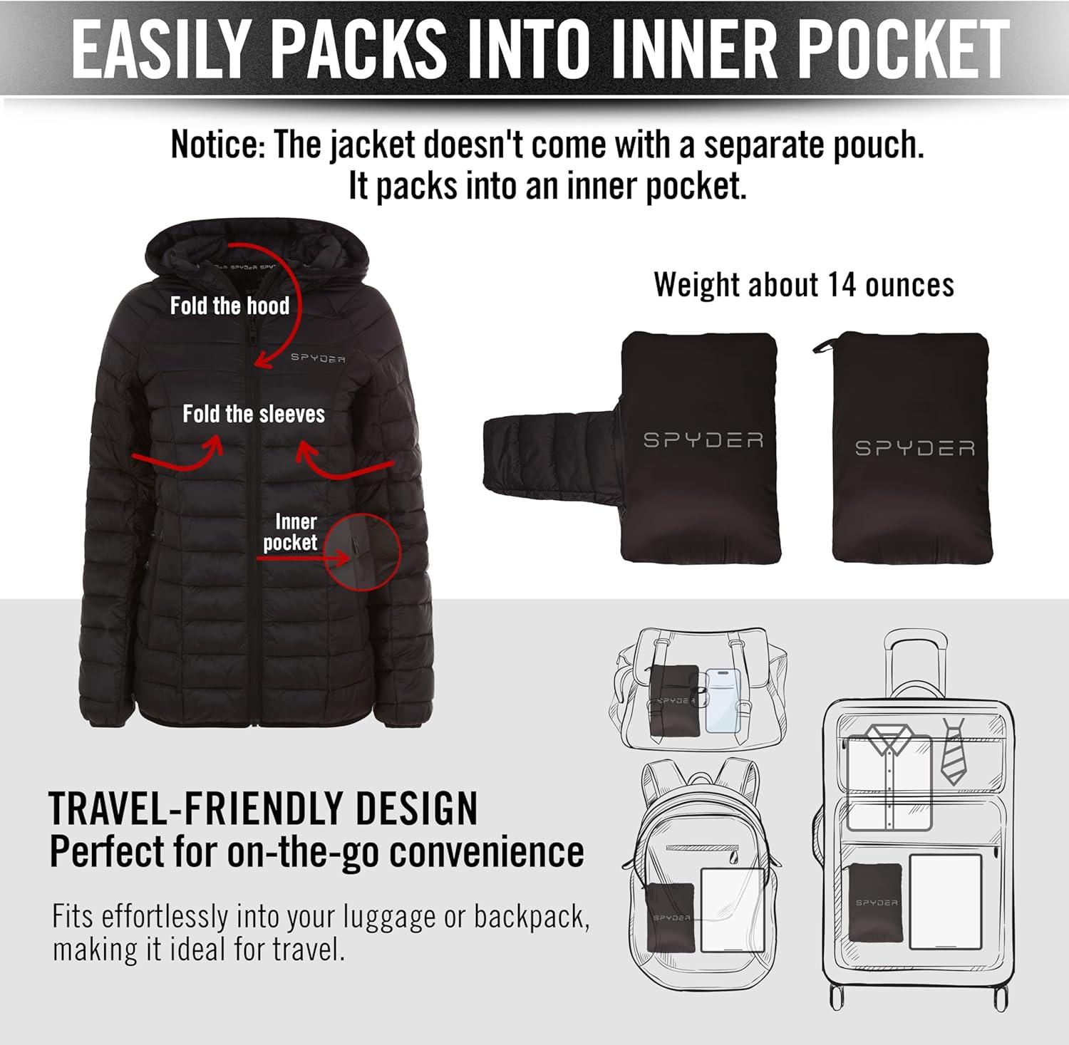 imageSpyder Packable Puffer Jacket Womens with Hood Lightweight Full Zip Winter Quilted Womens Puffer CoatBlack