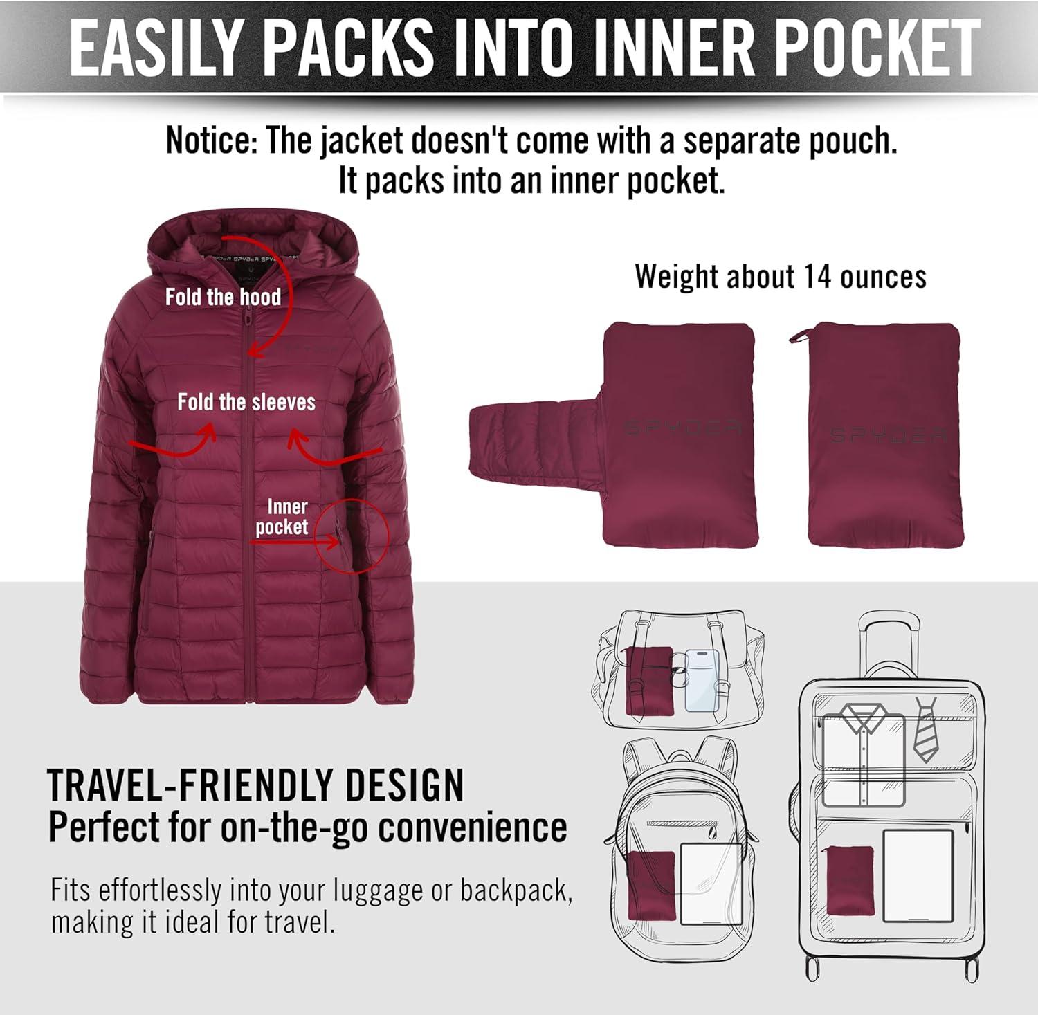 imageSpyder Packable Puffer Jacket Womens with Hood Lightweight Full Zip Winter Quilted Womens Puffer CoatWine