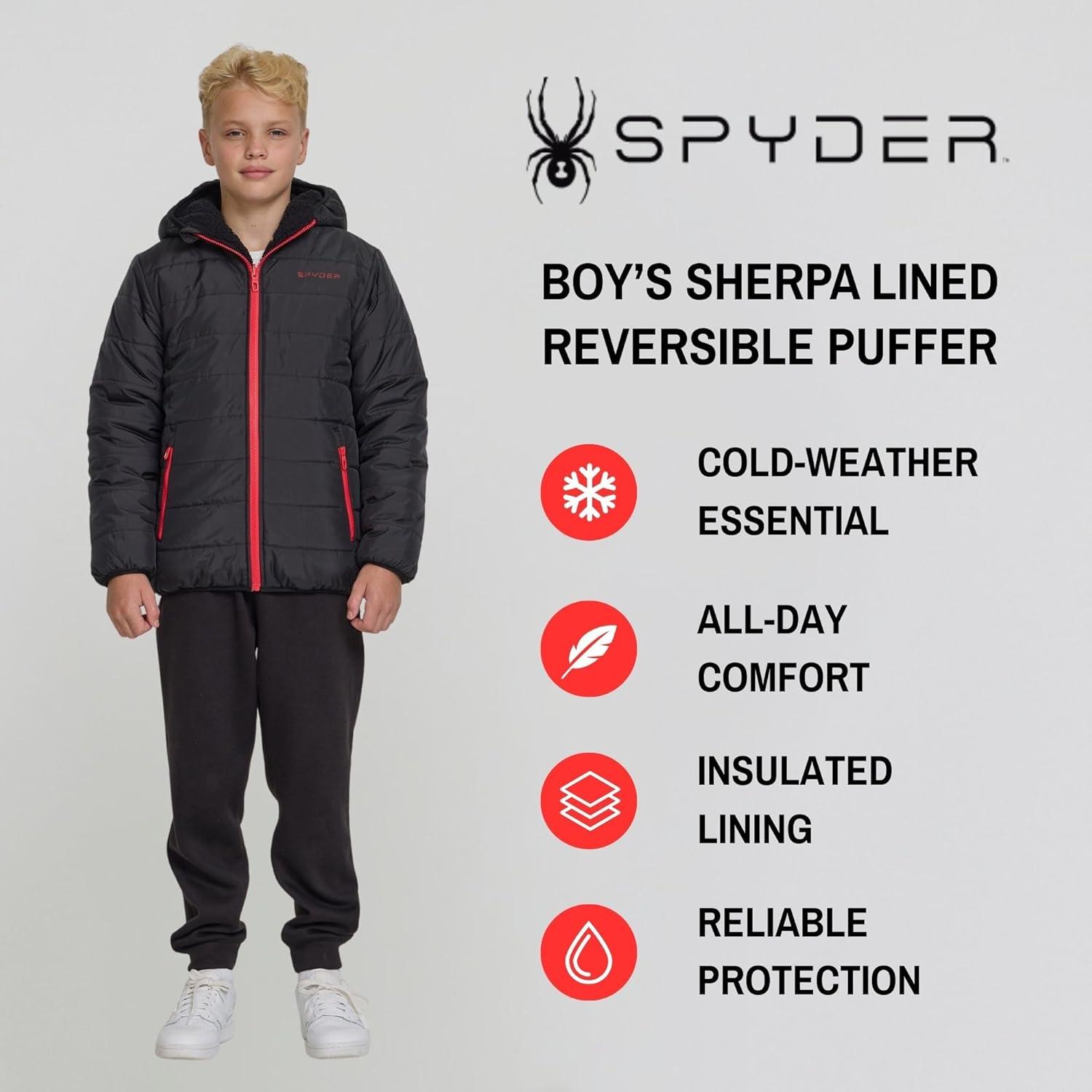 imageSpyder Reversible Boys Puffer Jacket Fleece Lined Puffer Coat with Hood Sherpa Winter Kids Outerwear Sizes 420Black