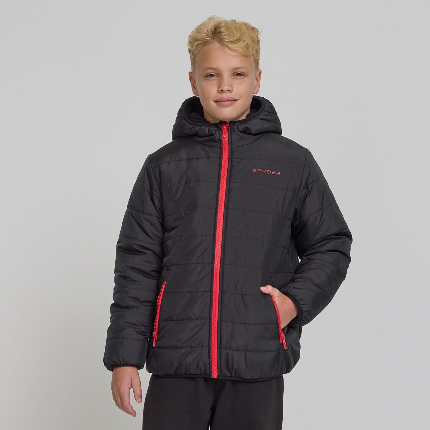 imageSpyder Reversible Boys Puffer Jacket Fleece Lined Puffer Coat with Hood Sherpa Winter Kids Outerwear Sizes 420Black