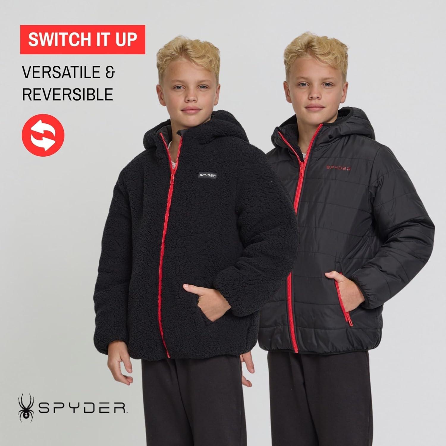 imageSpyder Reversible Boys Puffer Jacket Fleece Lined Puffer Coat with Hood Sherpa Winter Kids Outerwear Sizes 420Black