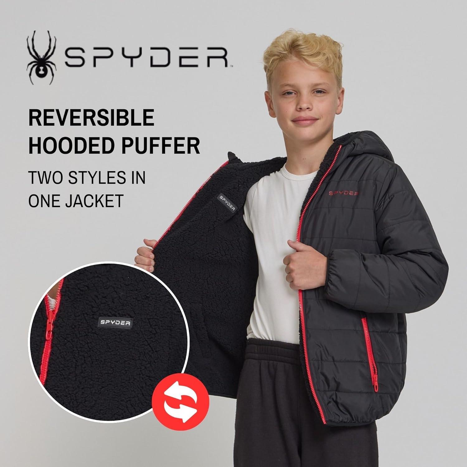 imageSpyder Reversible Boys Puffer Jacket Fleece Lined Puffer Coat with Hood Sherpa Winter Kids Outerwear Sizes 420Black