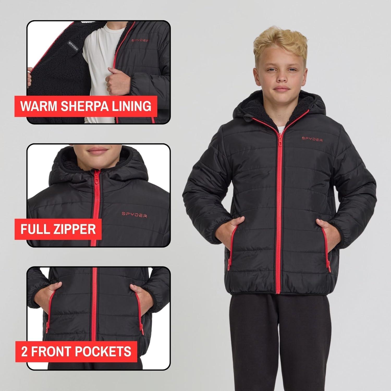 imageSpyder Reversible Boys Puffer Jacket Fleece Lined Puffer Coat with Hood Sherpa Winter Kids Outerwear Sizes 420Black