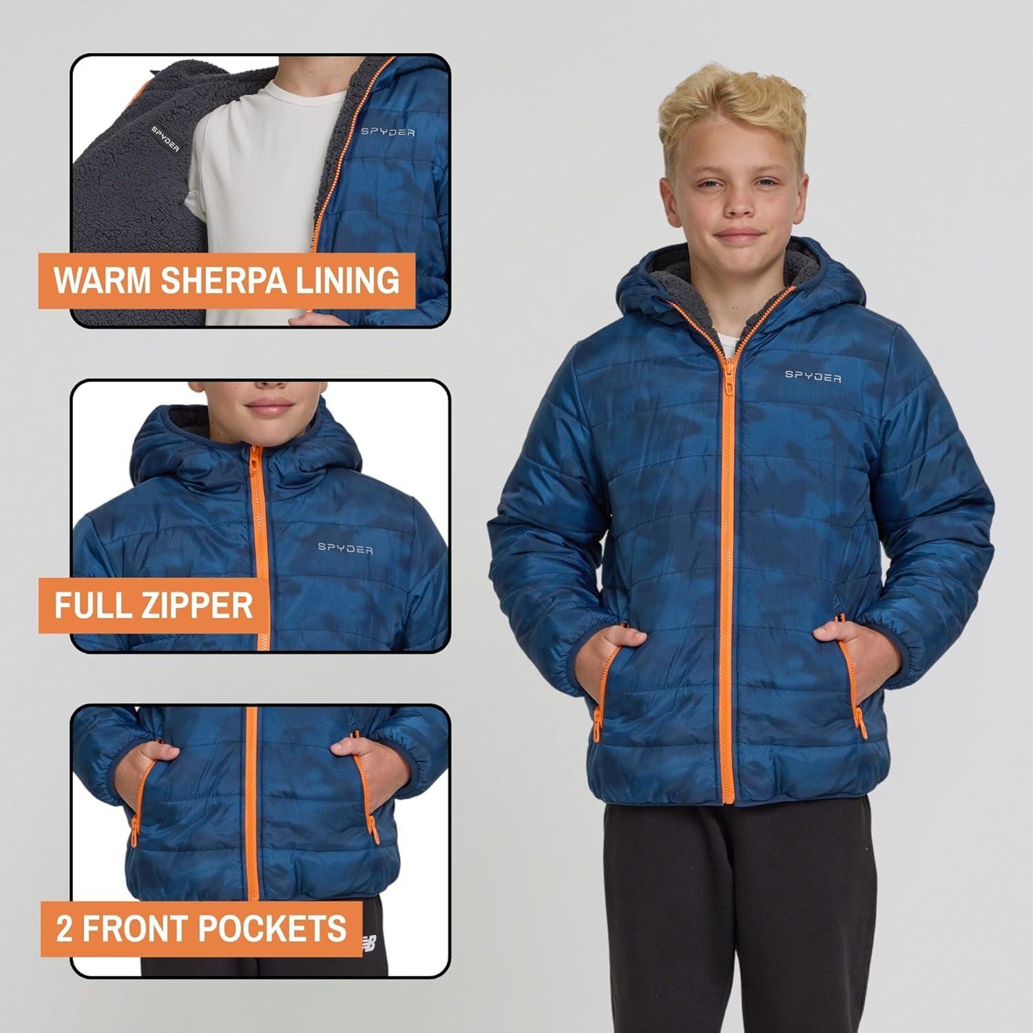 imageSpyder Reversible Boys Puffer Jacket Fleece Lined Puffer Coat with Hood Sherpa Winter Kids Outerwear Sizes 420Blue