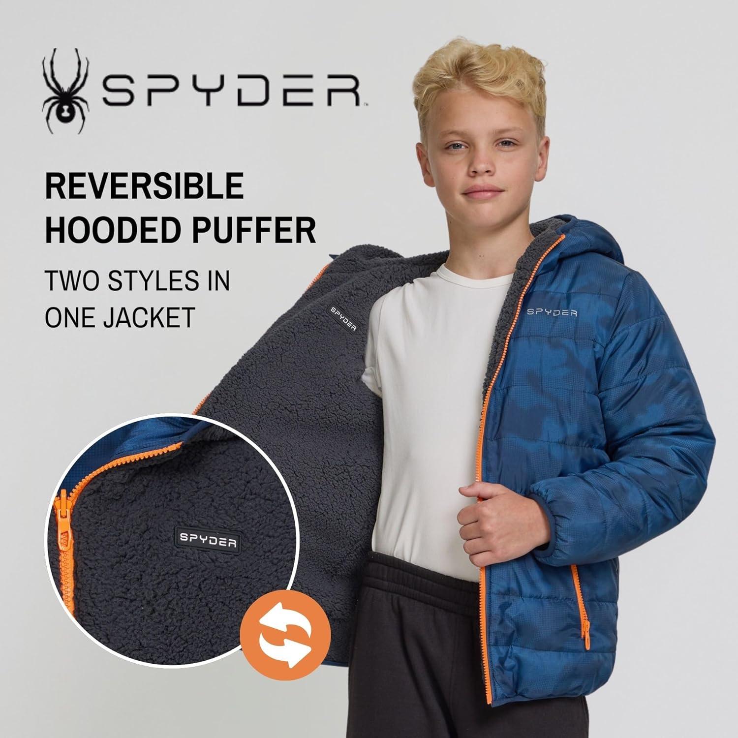 imageSpyder Reversible Boys Puffer Jacket Fleece Lined Puffer Coat with Hood Sherpa Winter Kids Outerwear Sizes 420Blue