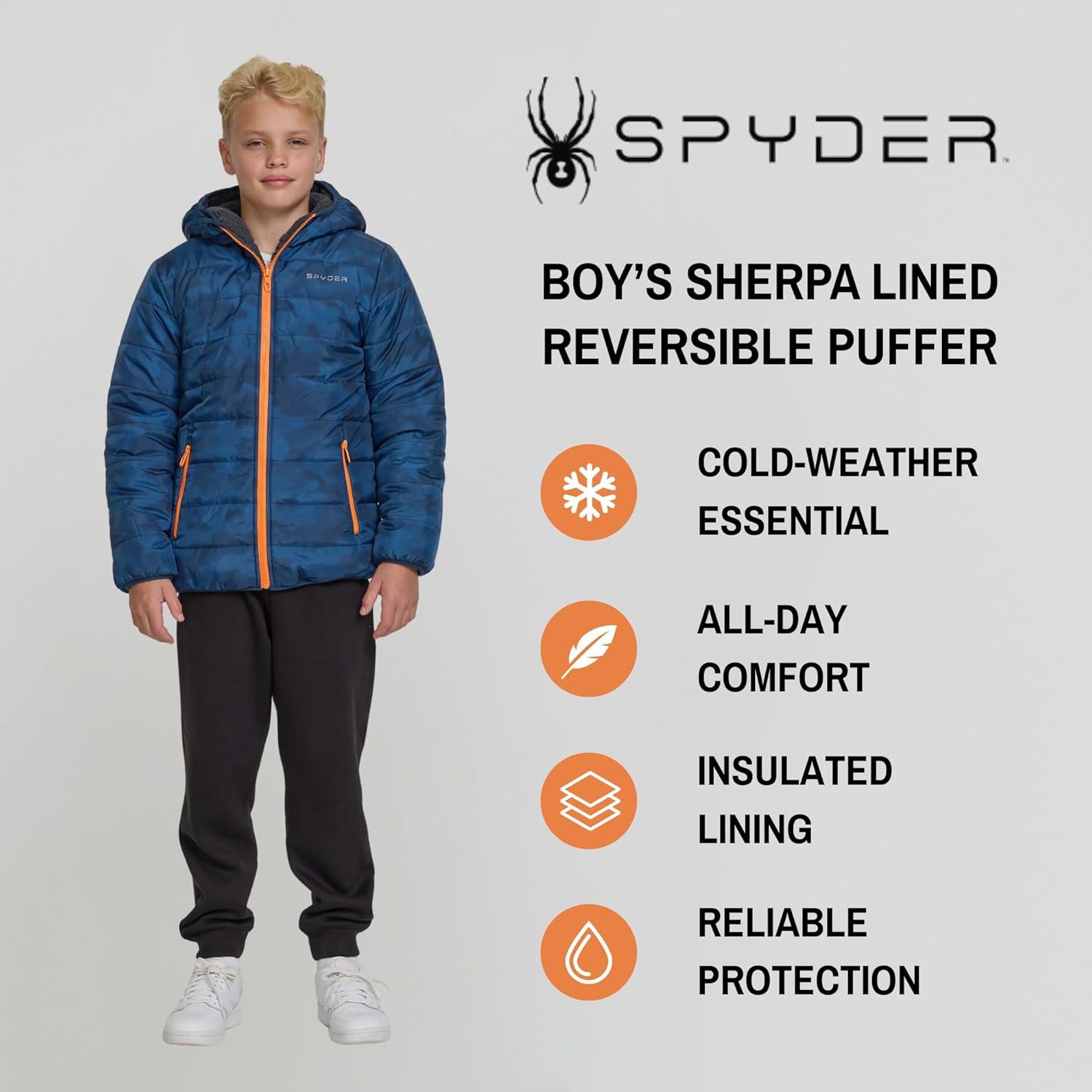 imageSpyder Reversible Boys Puffer Jacket Fleece Lined Puffer Coat with Hood Sherpa Winter Kids Outerwear Sizes 420Blue