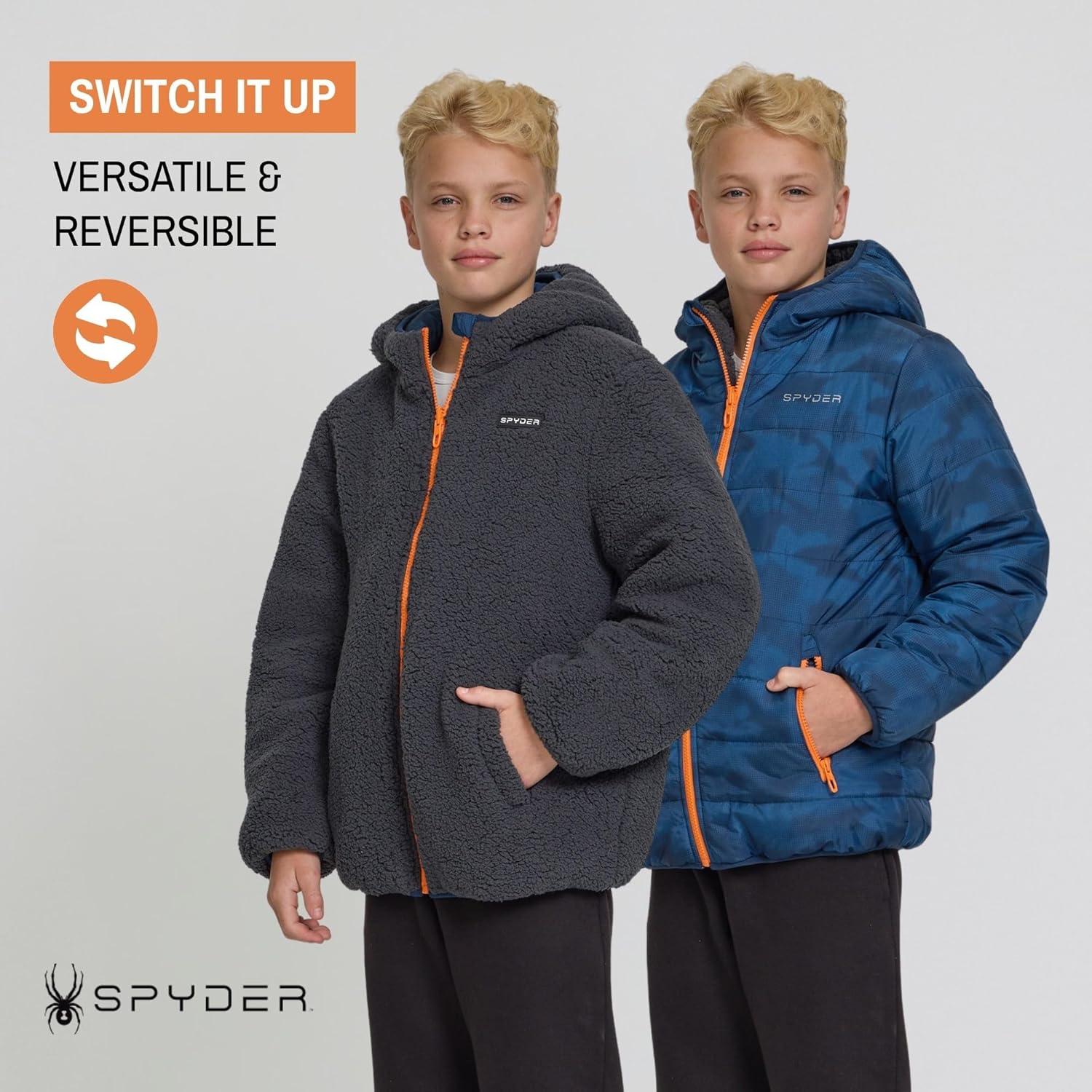 imageSpyder Reversible Boys Puffer Jacket Fleece Lined Puffer Coat with Hood Sherpa Winter Kids Outerwear Sizes 420Blue