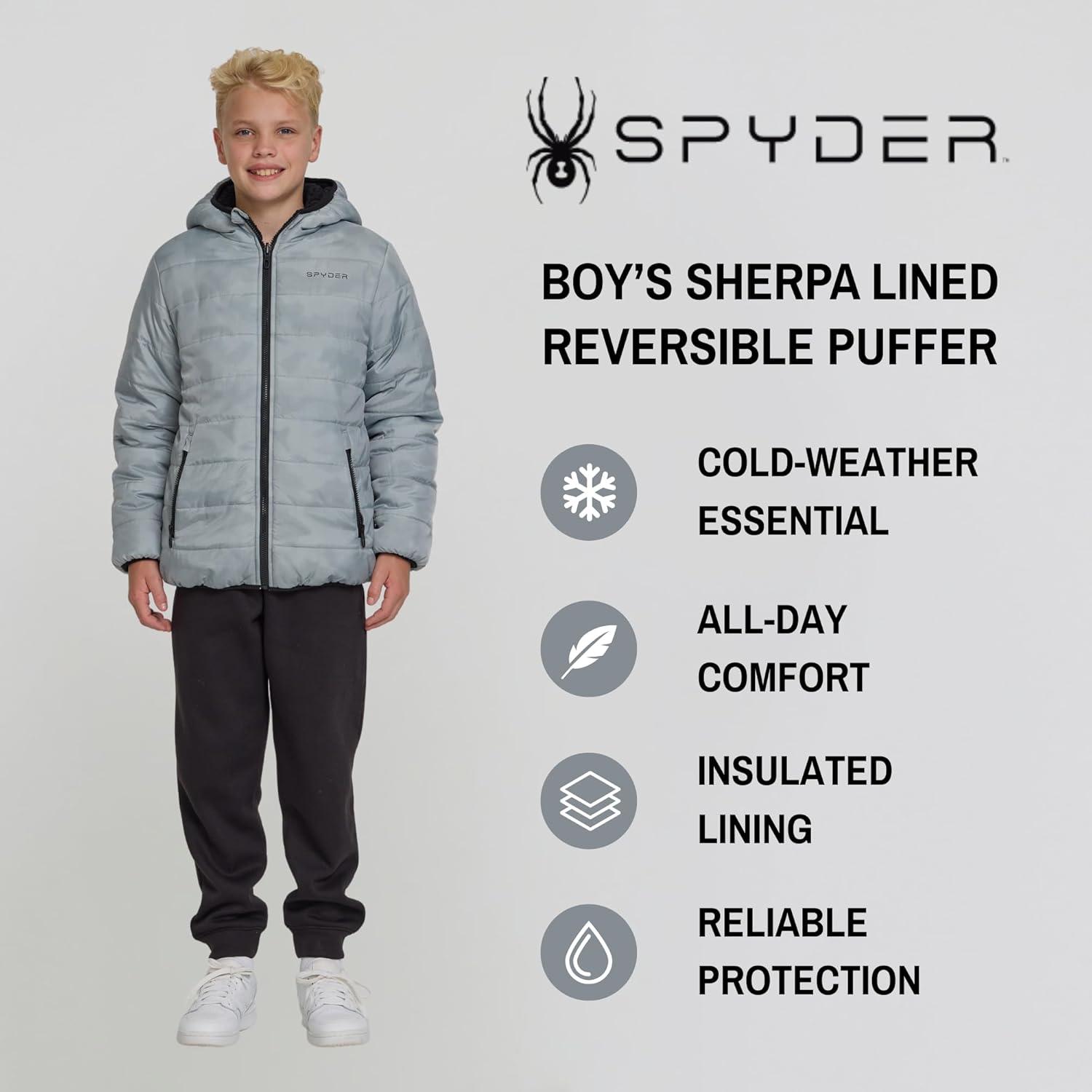 imageSpyder Reversible Boys Puffer Jacket Fleece Lined Puffer Coat with Hood Sherpa Winter Kids Outerwear Sizes 420Pewter