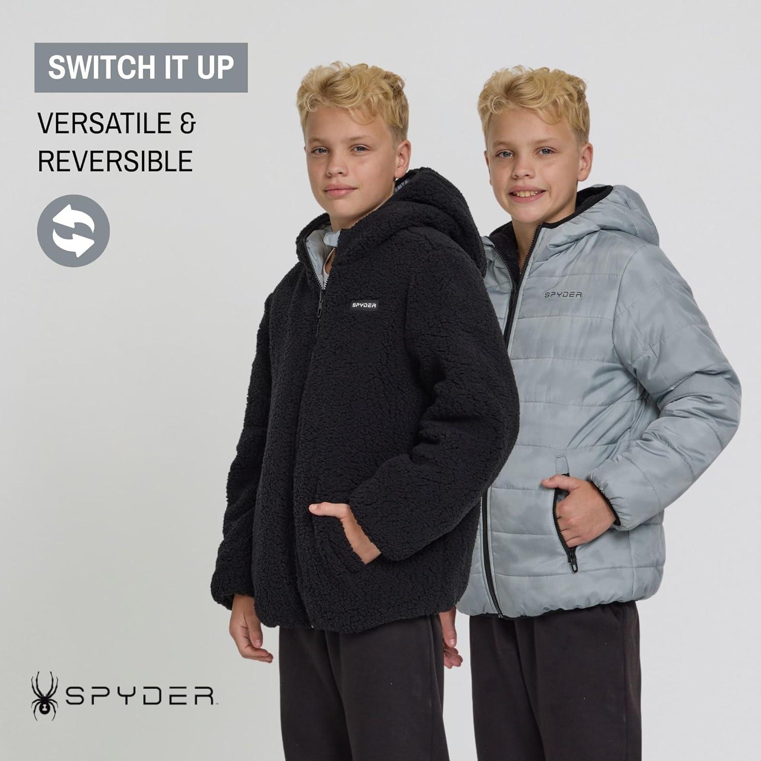 imageSpyder Reversible Boys Puffer Jacket Fleece Lined Puffer Coat with Hood Sherpa Winter Kids Outerwear Sizes 420Pewter