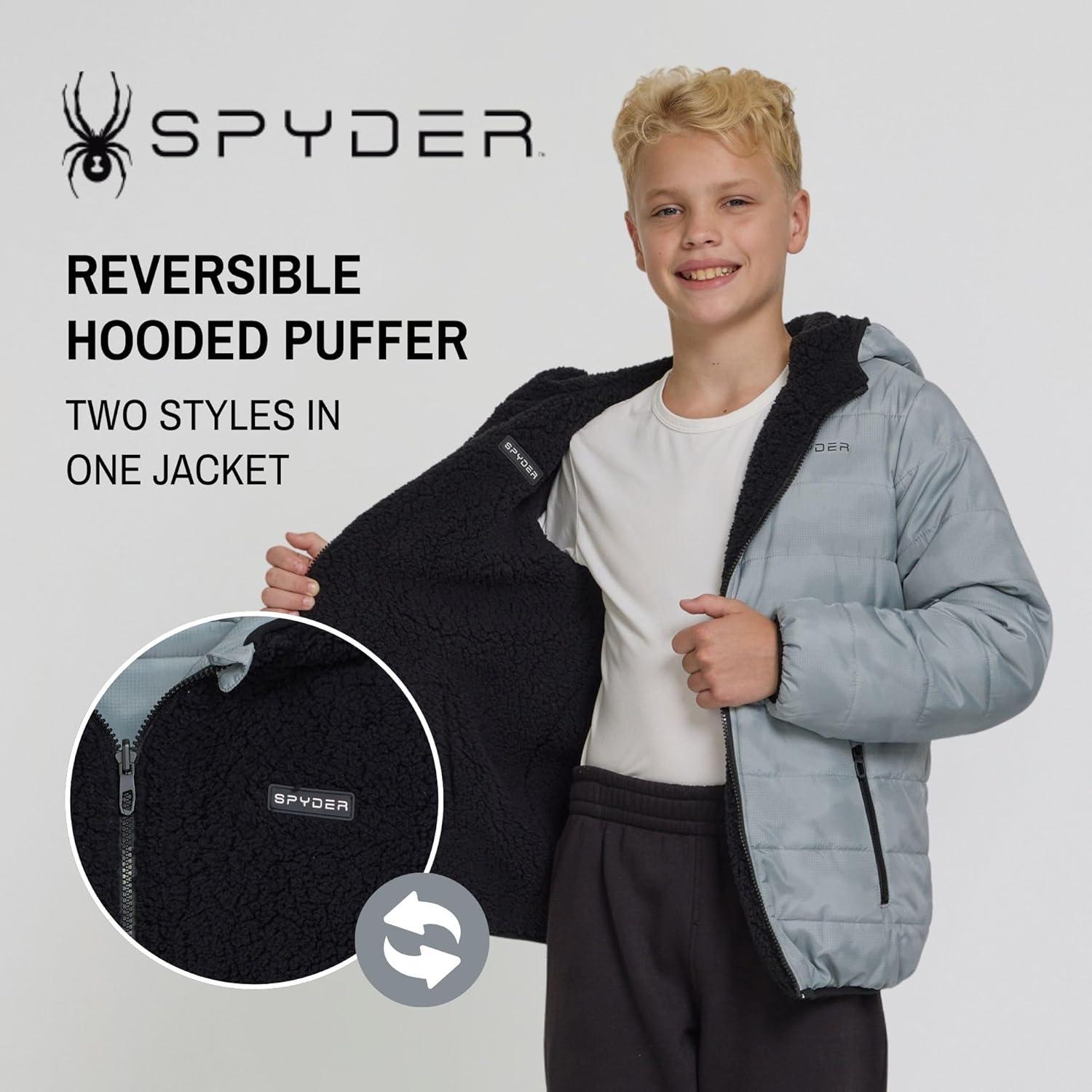 imageSpyder Reversible Boys Puffer Jacket Fleece Lined Puffer Coat with Hood Sherpa Winter Kids Outerwear Sizes 420Pewter