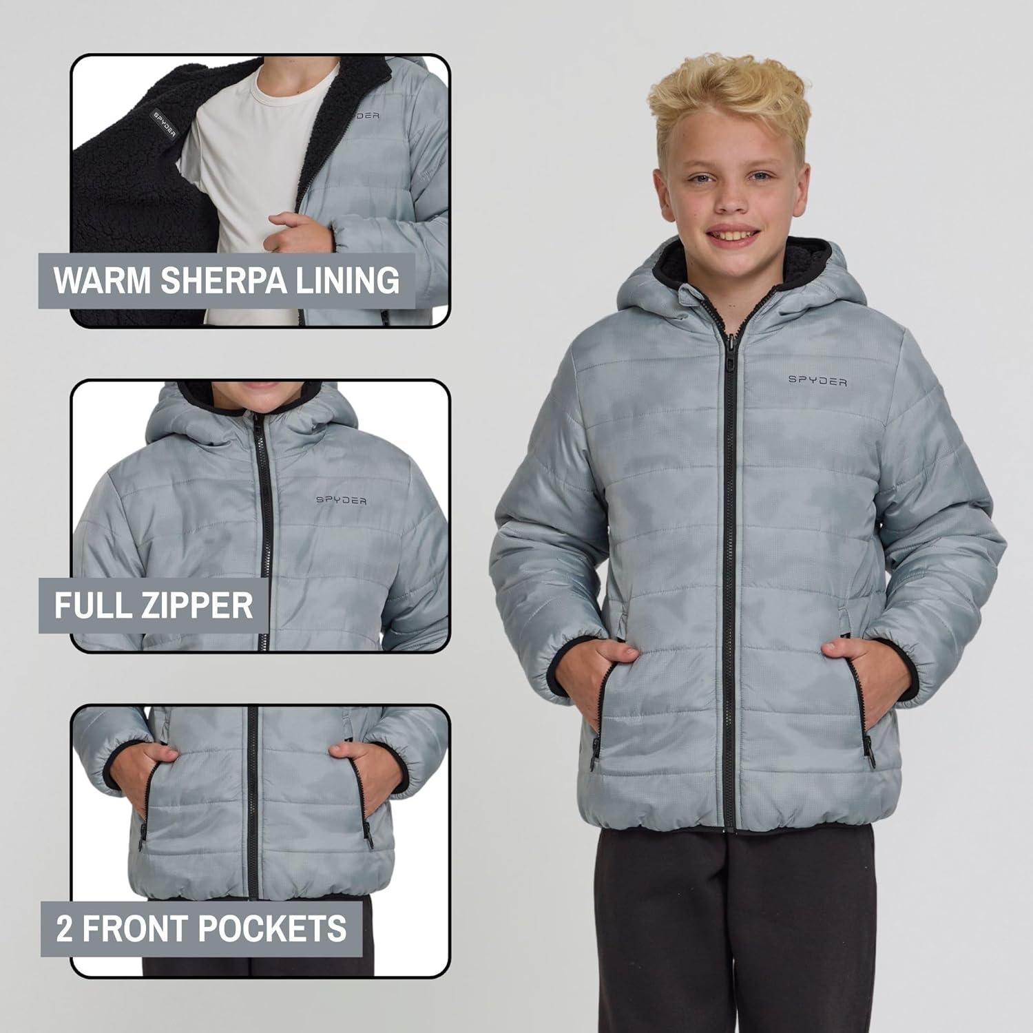 imageSpyder Reversible Boys Puffer Jacket Fleece Lined Puffer Coat with Hood Sherpa Winter Kids Outerwear Sizes 420Pewter