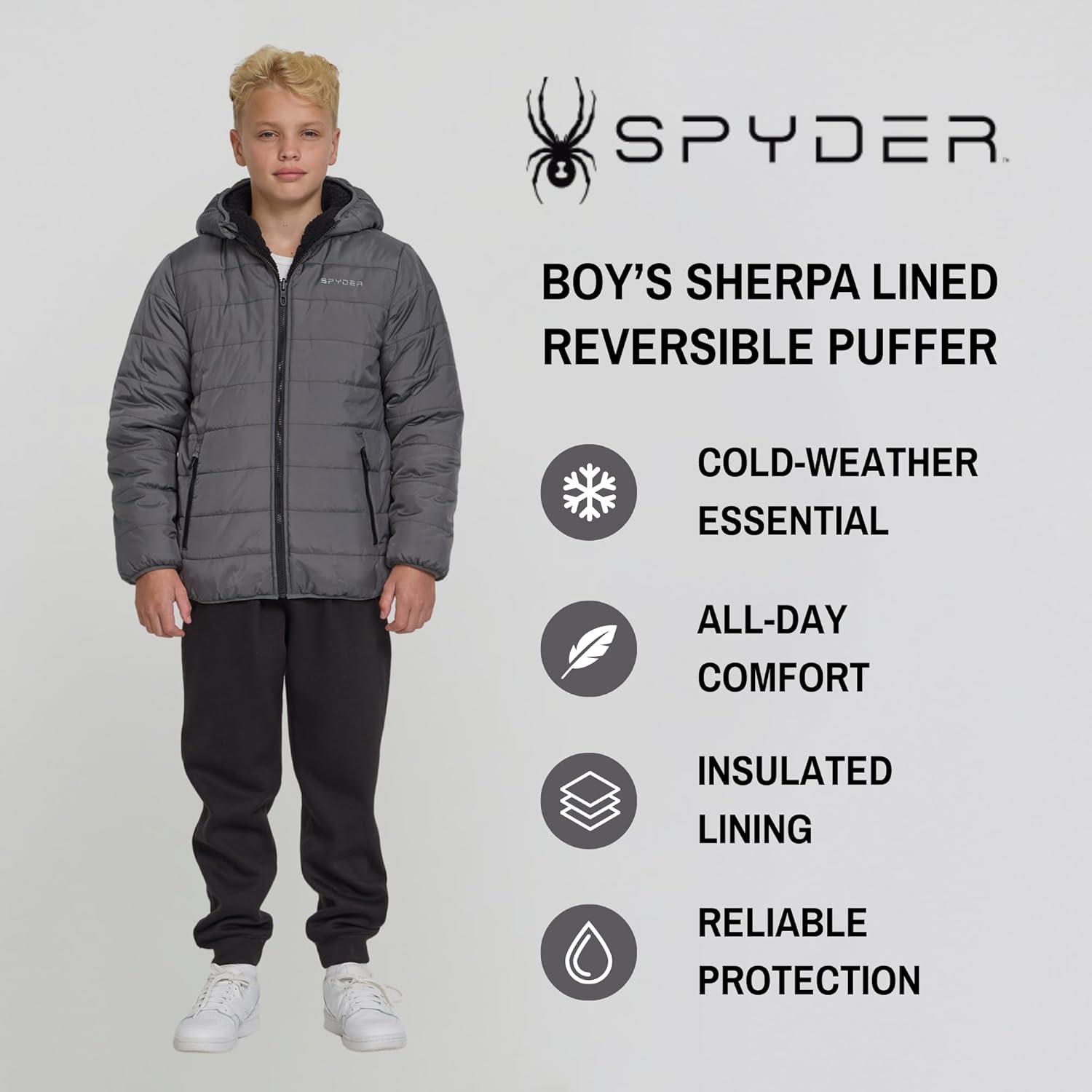 imageSpyder Reversible Boys Puffer Jacket Fleece Lined Puffer Coat with Hood Sherpa Winter Kids Outerwear Sizes 420Polar