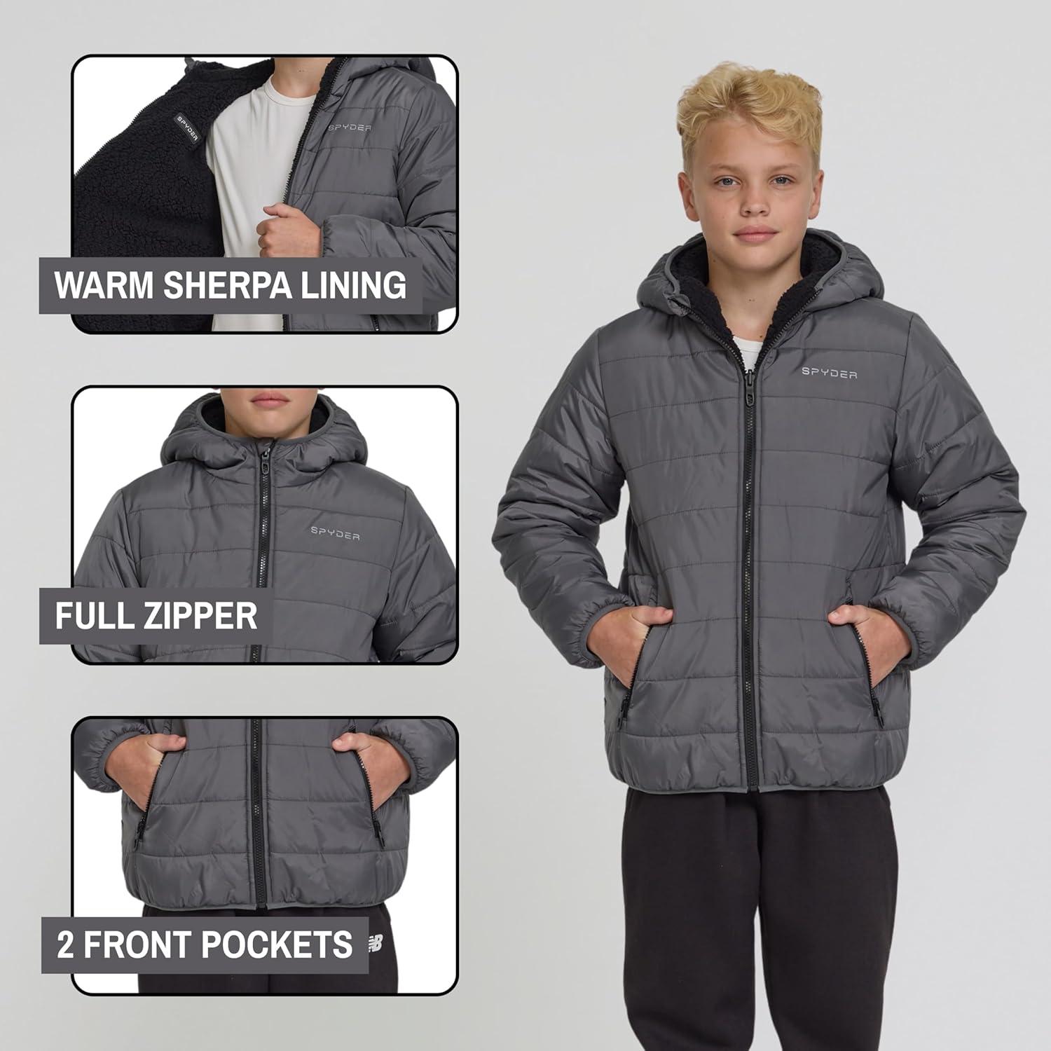 imageSpyder Reversible Boys Puffer Jacket Fleece Lined Puffer Coat with Hood Sherpa Winter Kids Outerwear Sizes 420Polar