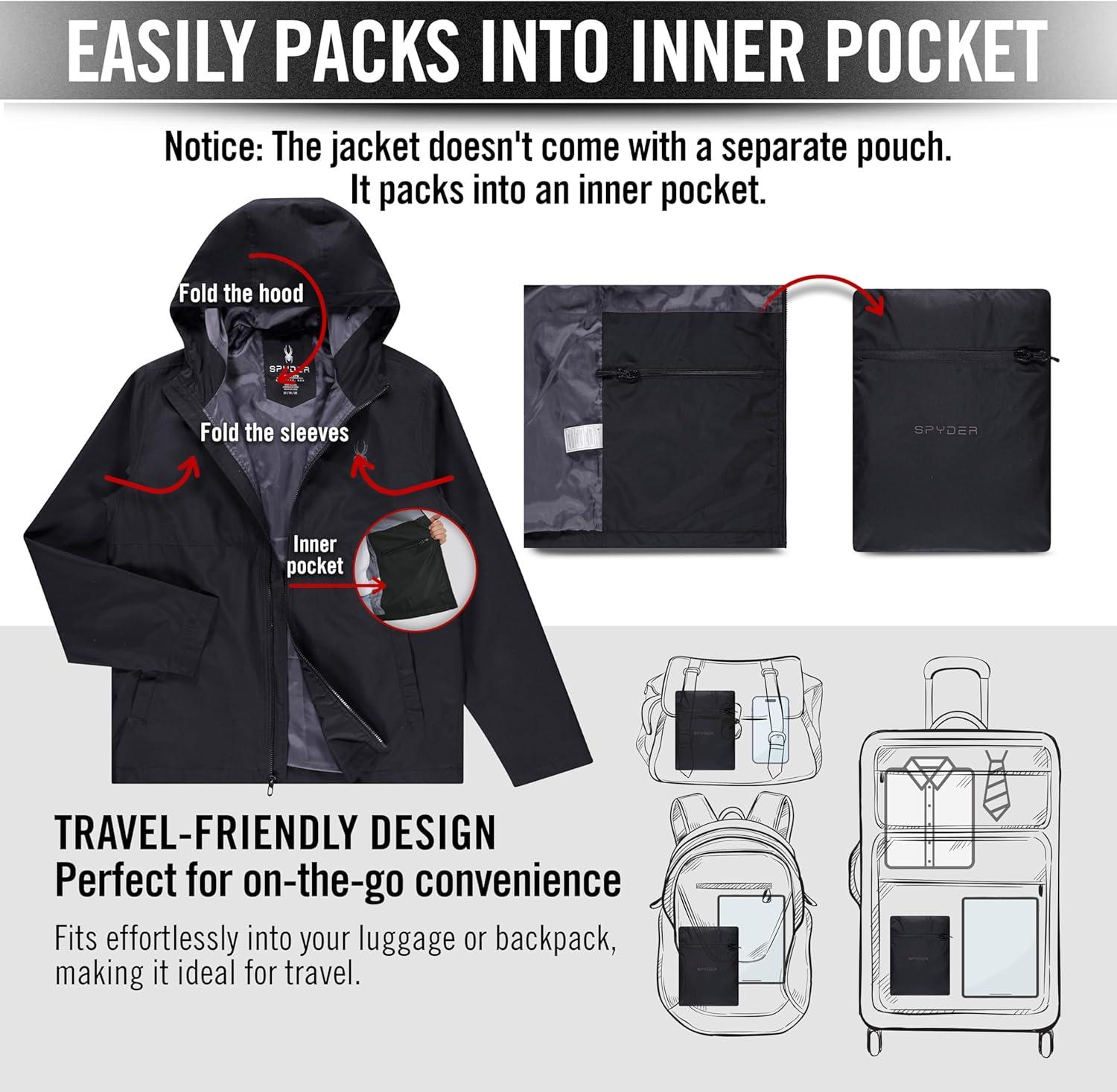 imageSpyder Packable Rain Jacket Men Water Resistant Windbreaker with Hood Lightweight Rain Coat Slicker Travel Golf FishingBlack