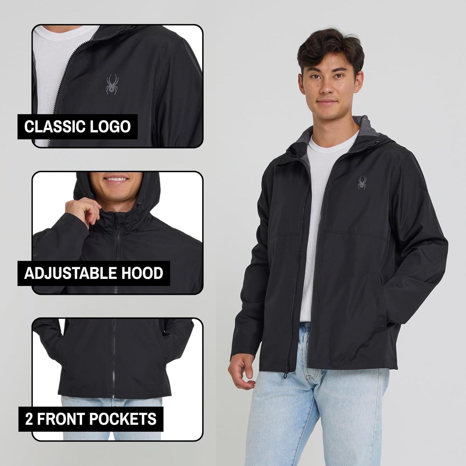 imageSpyder Packable Rain Jacket Men Water Resistant Windbreaker with Hood Lightweight Rain Coat Slicker Travel Golf FishingBlack