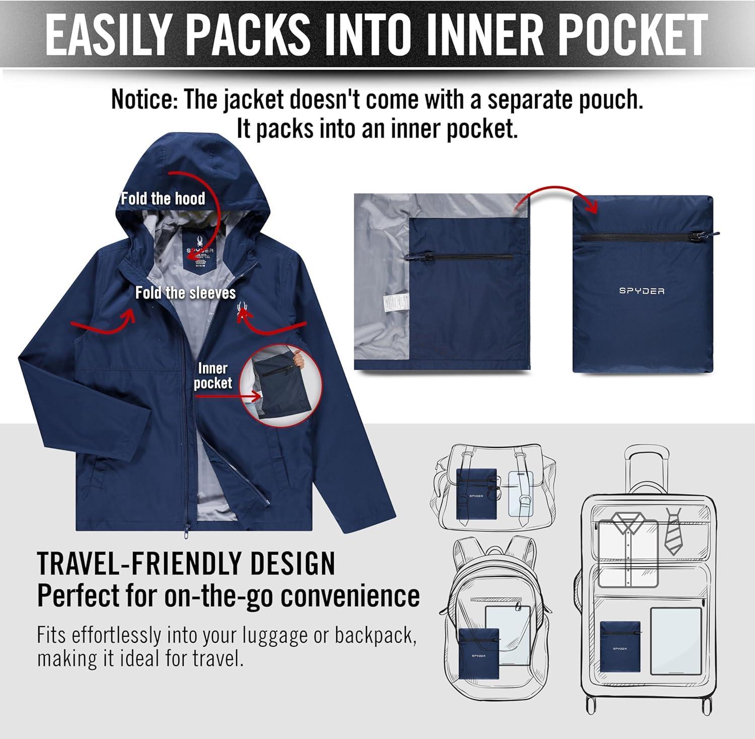 imageSpyder Packable Rain Jacket Men Water Resistant Windbreaker with Hood Lightweight Rain Coat Slicker Travel Golf FishingNavy