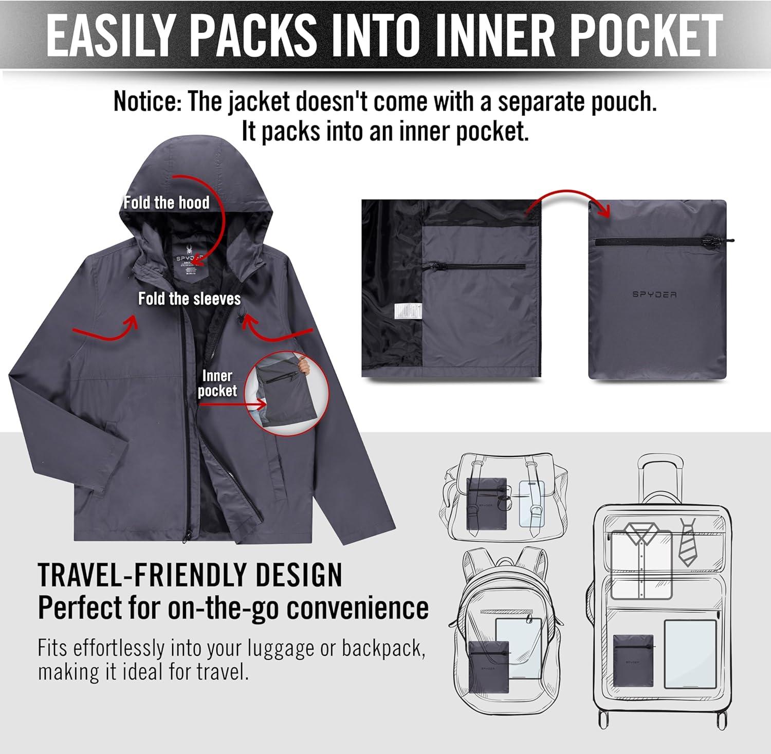 imageSpyder Packable Rain Jacket Men Water Resistant Windbreaker with Hood Lightweight Rain Coat Slicker Travel Golf FishingPolar