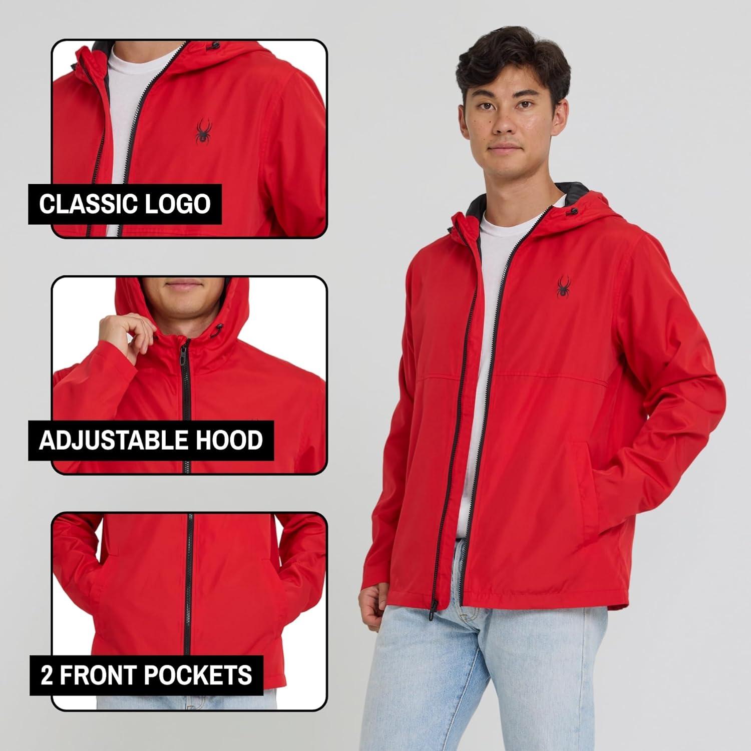 imageSpyder Packable Rain Jacket Men Water Resistant Windbreaker with Hood Lightweight Rain Coat Slicker Travel Golf FishingRed