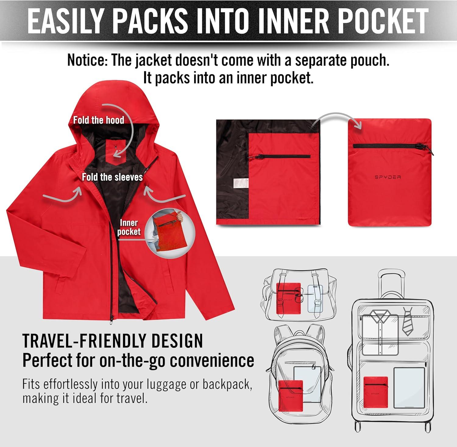 imageSpyder Packable Rain Jacket Men Water Resistant Windbreaker with Hood Lightweight Rain Coat Slicker Travel Golf FishingRed