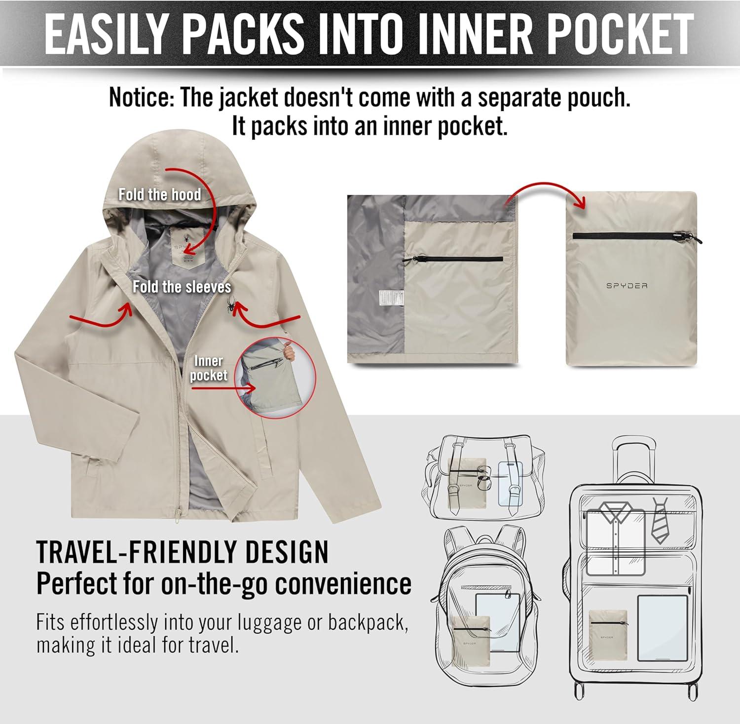 imageSpyder Packable Rain Jacket Men Water Resistant Windbreaker with Hood Lightweight Rain Coat Slicker Travel Golf FishingStone