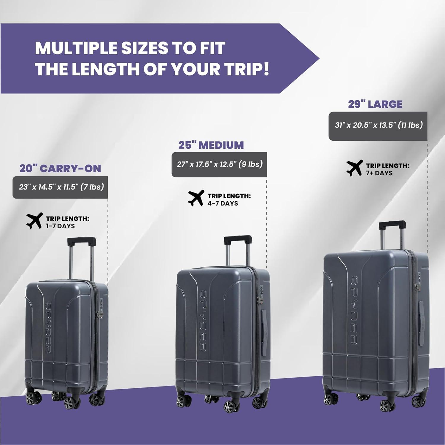 imageSpyder Carve 3 Piece Set with 360 Spinner Wheels TSA Approved Lock 20 Inch Carry On 25 Inch Medium 29 Inch Large GrayGray