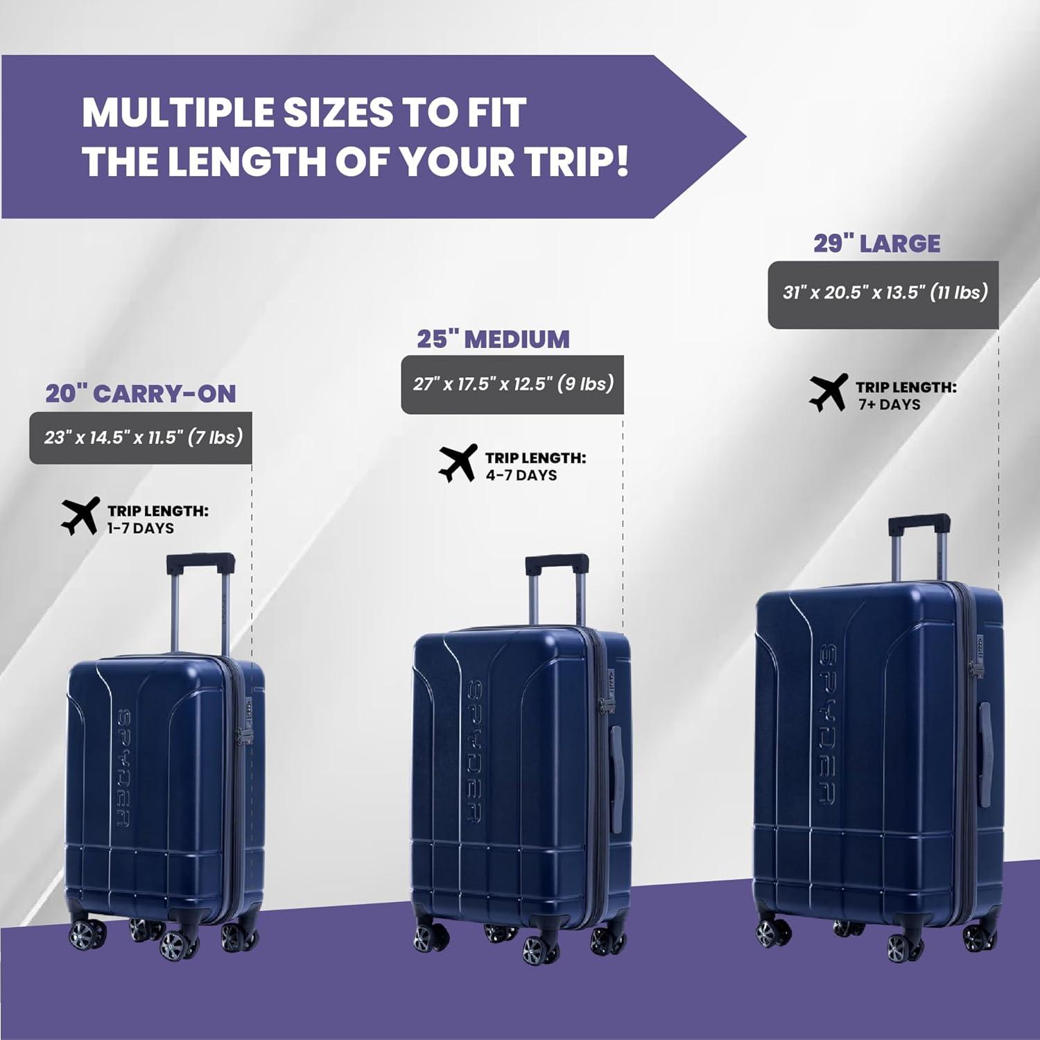 imageSpyder Carve 3 Piece Set with 360 Spinner Wheels TSA Approved Lock 20 Inch Carry On 25 Inch Medium 29 Inch Large GrayNavy